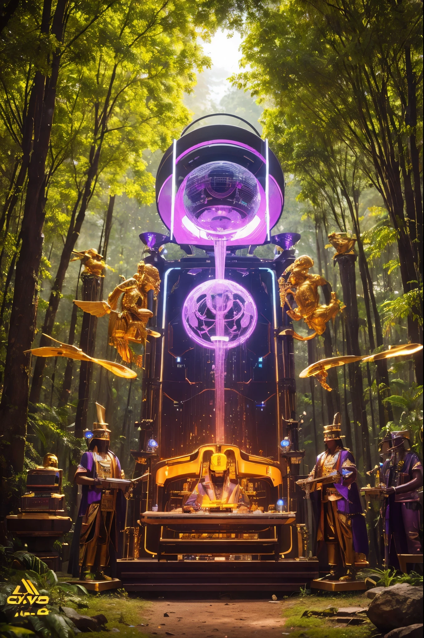 (Masterpiece), best quality, highest quality, highly detailed CG unity 8k wallpaper, original, high resolution, Create a futuristic music laboratory with high tech instruments in a forest. With Peruvian statues made of Gold, Inca. Skys are purple, gren, orange neon hues, fluorescent colors all around. Cyberpunk high definition,