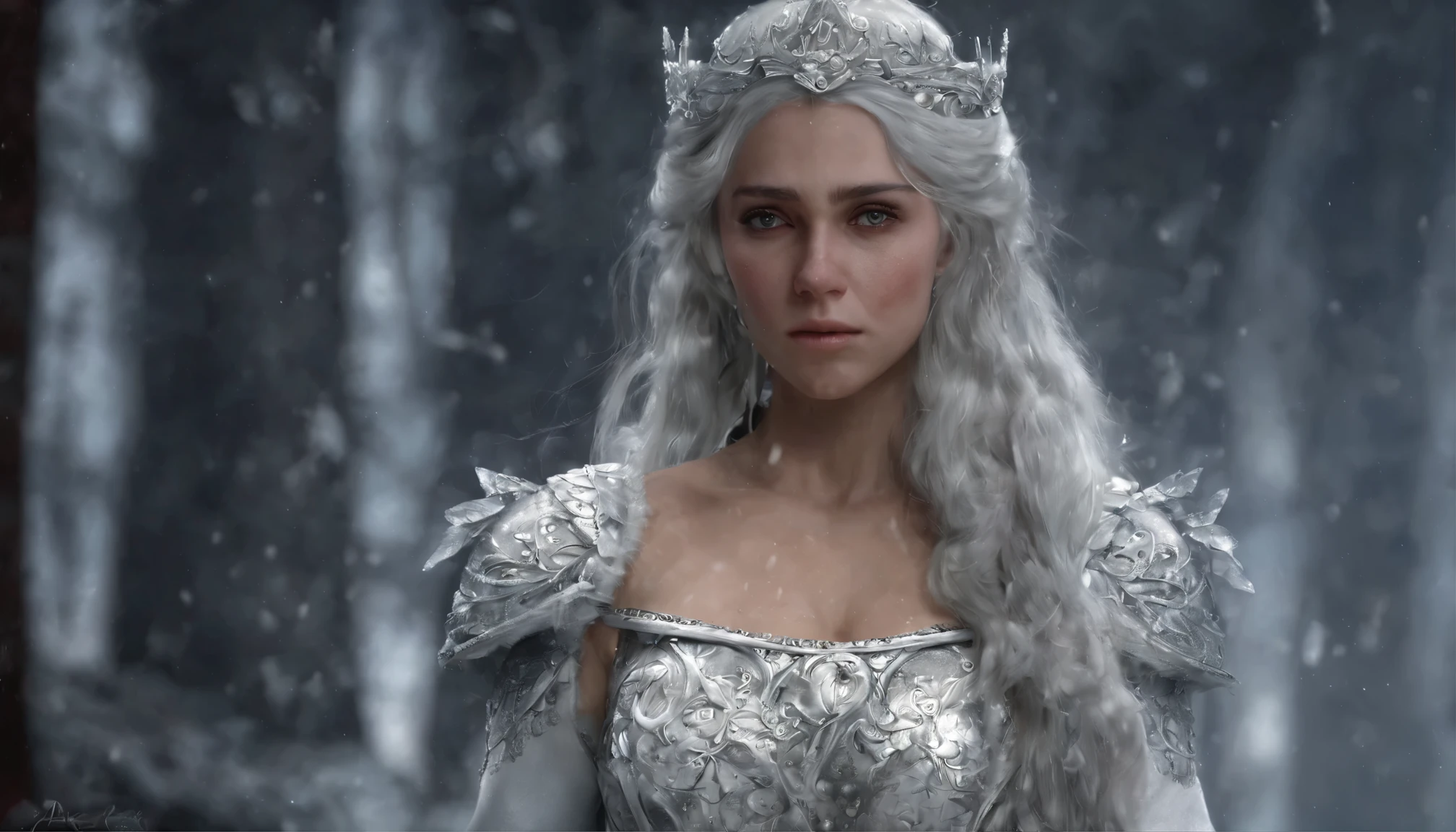 Realistic,8k,In the dark,silver-haired elf princess,sad look,elf Beautiful princess,whole body,bulging chest,beautiful pure white dress