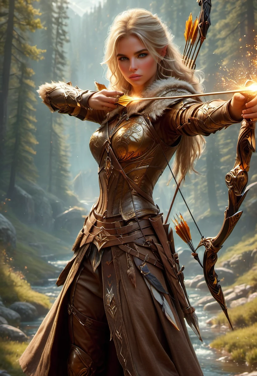 Surreal imagery, High quality ultra high definition 8K, 1 person, Detailed reality ((slim, high detail)), (muscular:1,2), ((tall model)), (Shoulder-length blonde hair), high detail realistic skin, ((Fantasy Archer, Wearing brown armor)), (((Fantasy golden bow weapon))) ((Magic light arrow, Spells)), True and vivid colors, permanent