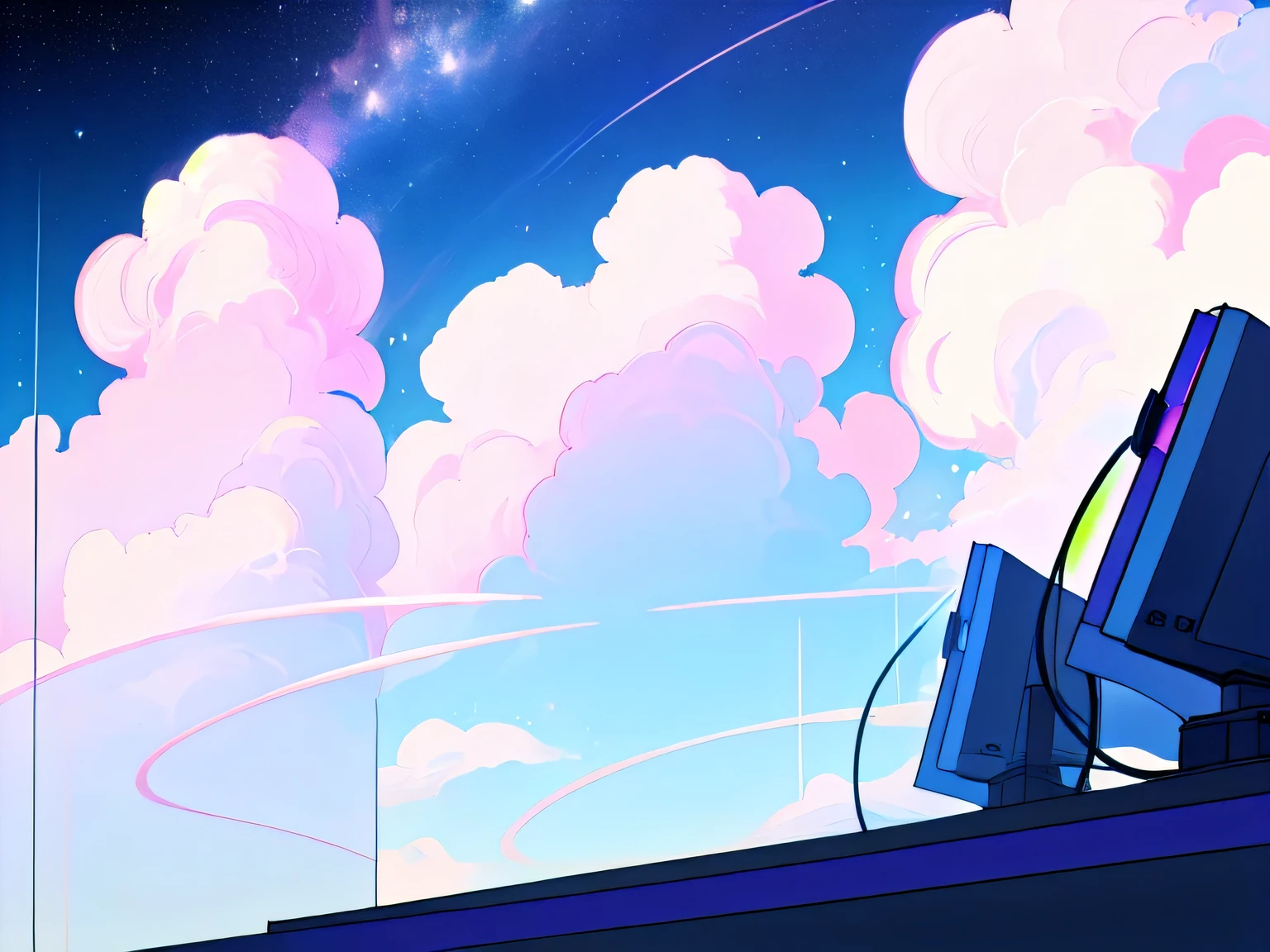 (((masterpiece))), (((Best quality))), background wallpaper, Fantastic hall with unknown technologies with a bunch of clouds in white, blue and pink flowers. many fantastic clouds, stars are visible, no people. Computers and holograms, there are characteristic curls in the clouds. many lines in the clouds. pastel colors.