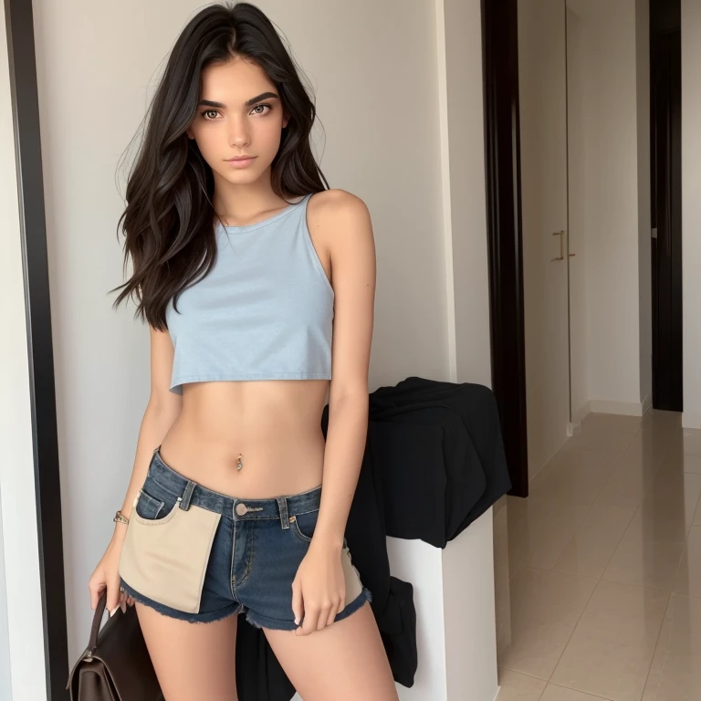 girl, beautiful, ager,black hair, blue eyes , beige cropped black shorts the face of Isis Valverde, Full body Photograph
