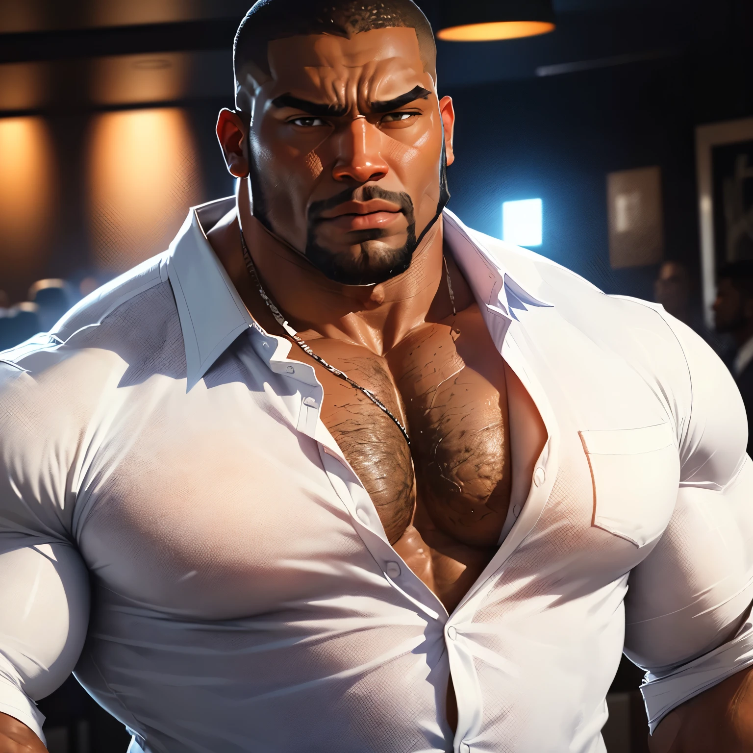 an exaggeratedly muscular and large bodyguard, beefy build, beard, dark-skinned african american male, buzzcut hair with square line, (surprised expression: 1.2), (wearing unbuttoned white business shirt: 1.2), open shirt, small name tag on shirt, (bara pecs: 1.3), (arm and chest hair: 1.1), close-up portrait HD, (vibrant night club bar)