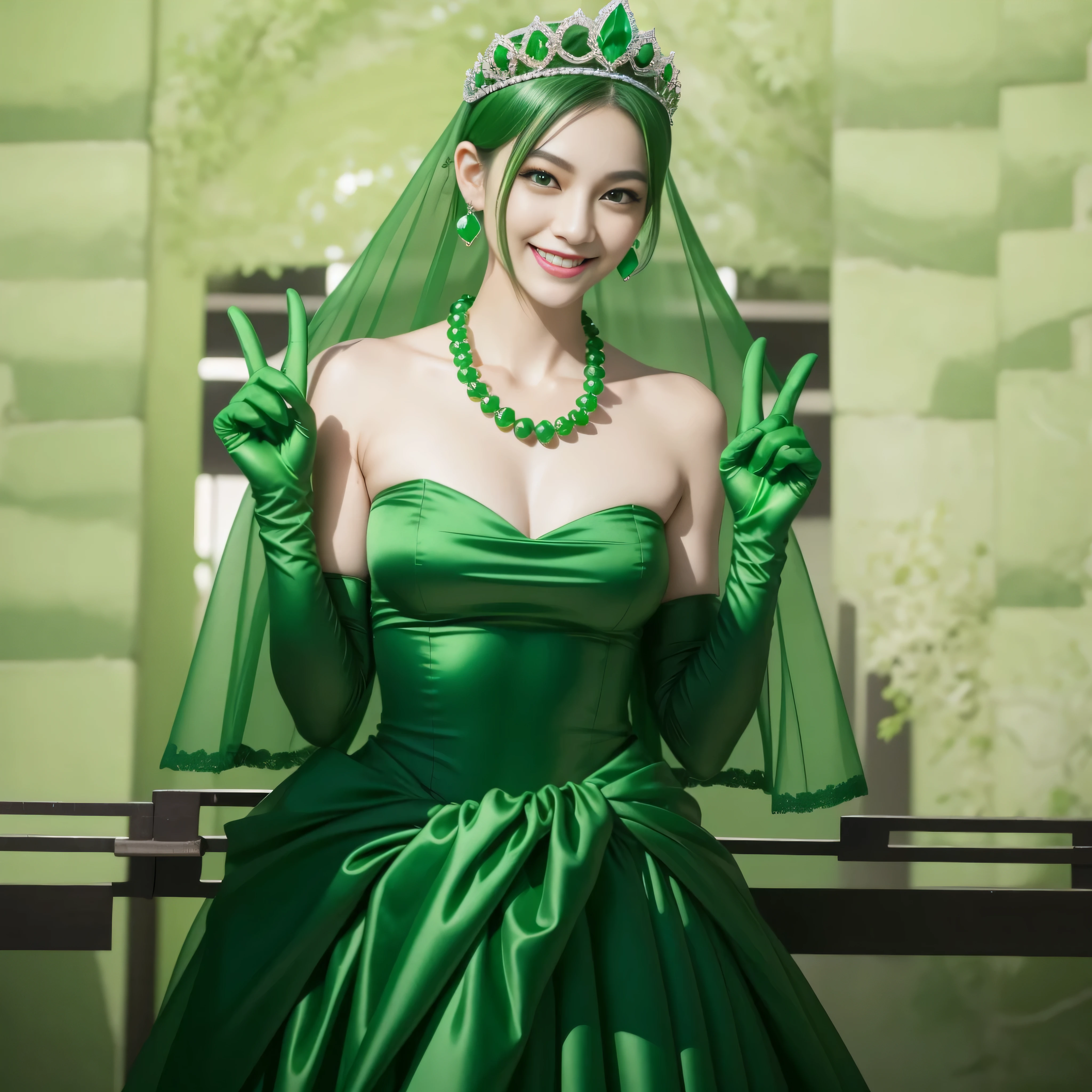 Emerald tiara, Green Pearl Necklace, Boyish very short green hair, lipstick, Smiling Japanese woman, Very short hair, big and beautiful, Green Eyes, Long green satin gloves, Green Eyes,v sign, emerald earrings