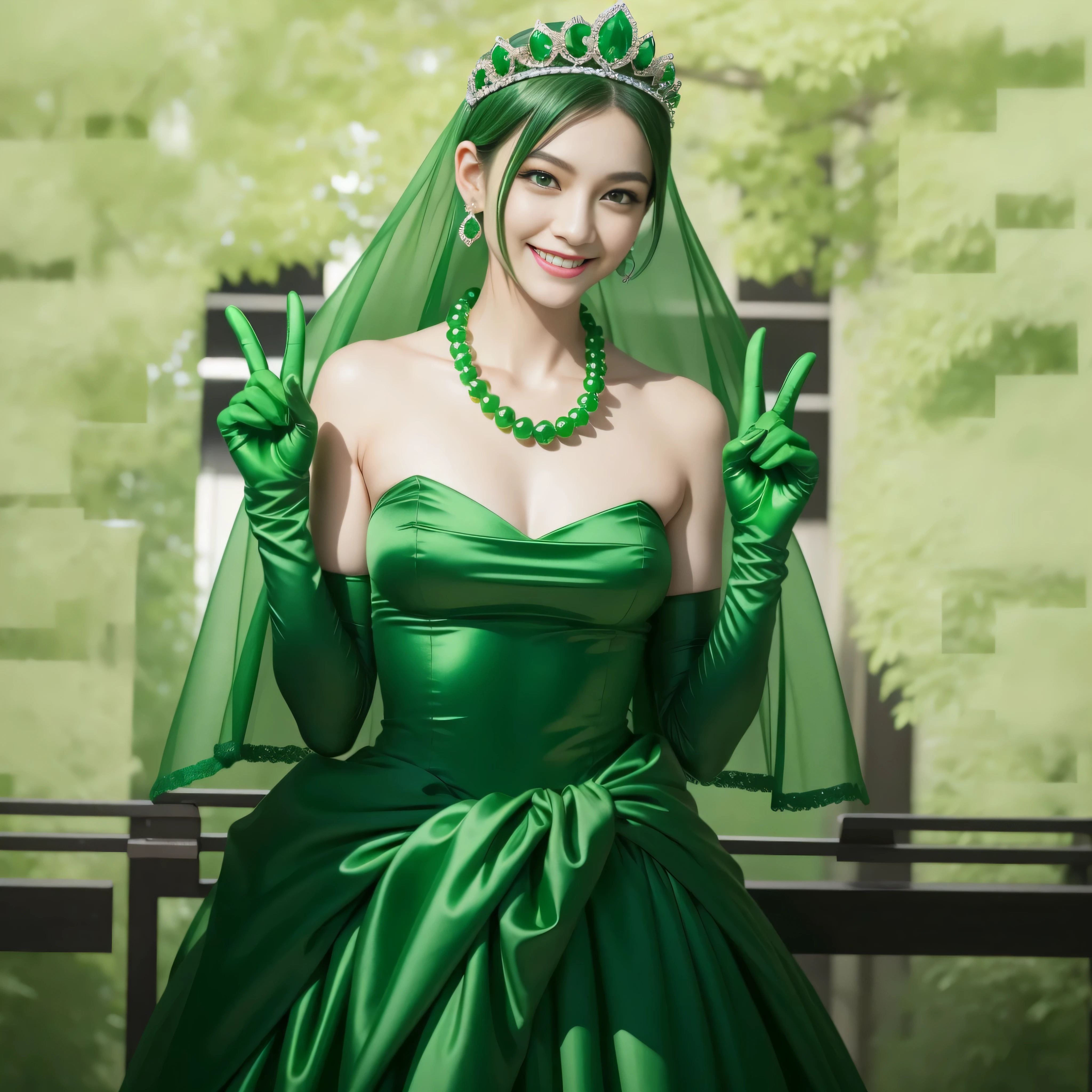 Emerald tiara, Green Pearl Necklace, Boyish very short green hair, lipstick, Smiling Japanese woman, Very short hair, big and beautiful, Green Eyes, Long green satin gloves, Green Eyes,v sign, emerald earrings