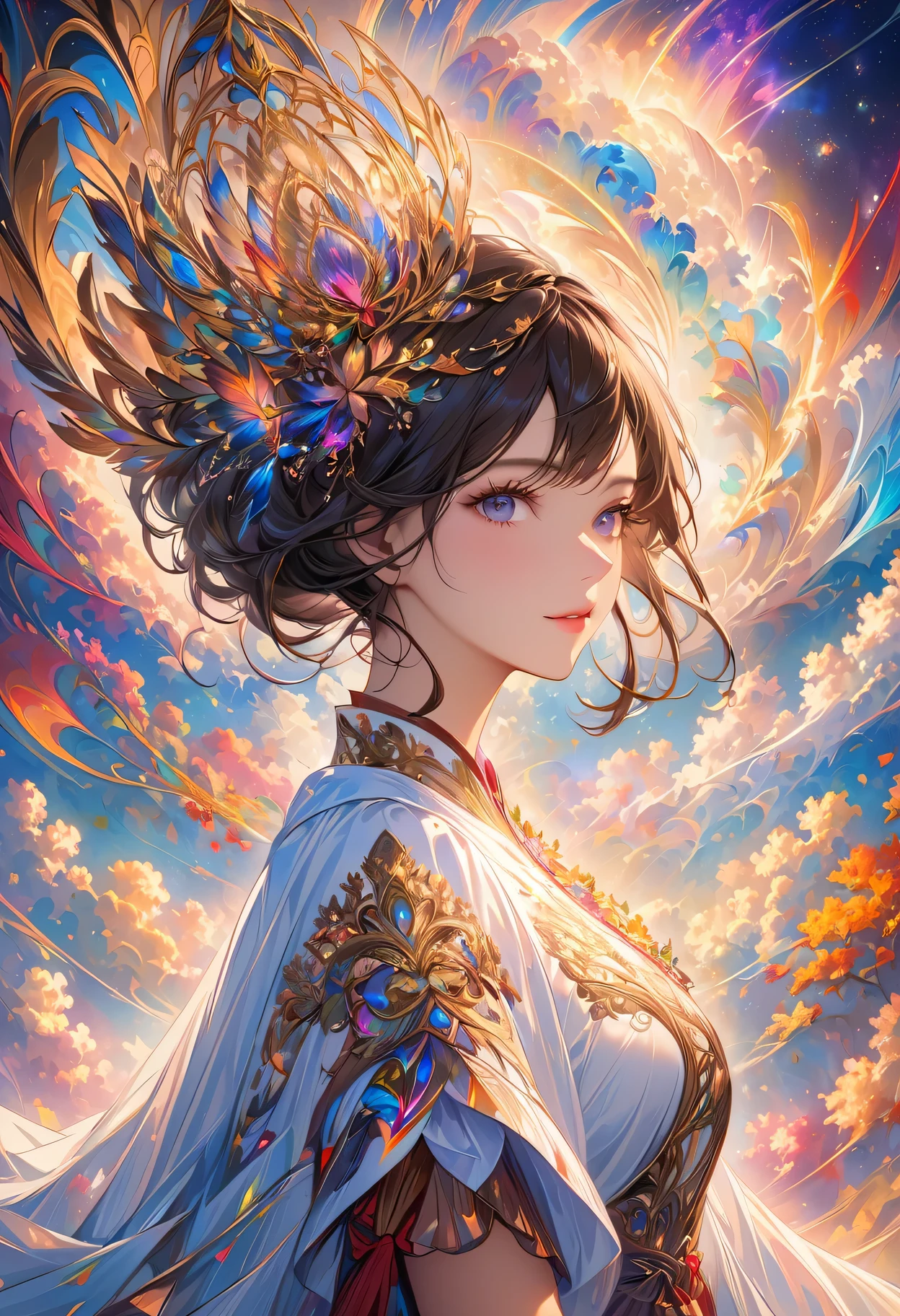 (masterpiece, top quality, best quality, official art, Beautiful and beautiful:1.2), (1 Girl), Extremely detailed, (Fractal Art:1.3), rich and colorful, The most detailed, perfect face, Upper Body, HDR, (pray:1.3), (White cape with golden lines:1.2), galaxy, (Light streaks), Eye-Catching Visuals, (Dynamic Stripes, Luminous trails:1.2), Vibrant colors,