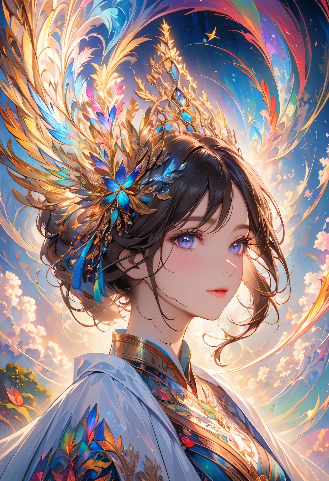 (masterpiece, top quality, best quality, official art, Beautiful and beautiful:1.2), (1 Girl), Extremely detailed, (Fractal Art:1.3), rich and colorful, The most detailed, perfect face, Upper Body, HDR, (pray:1.3), (White cape with golden lines:1.2), galaxy, (Light streaks), Eye-Catching Visuals, (Dynamic Stripes, Luminous trails:1.2), Vibrant colors,