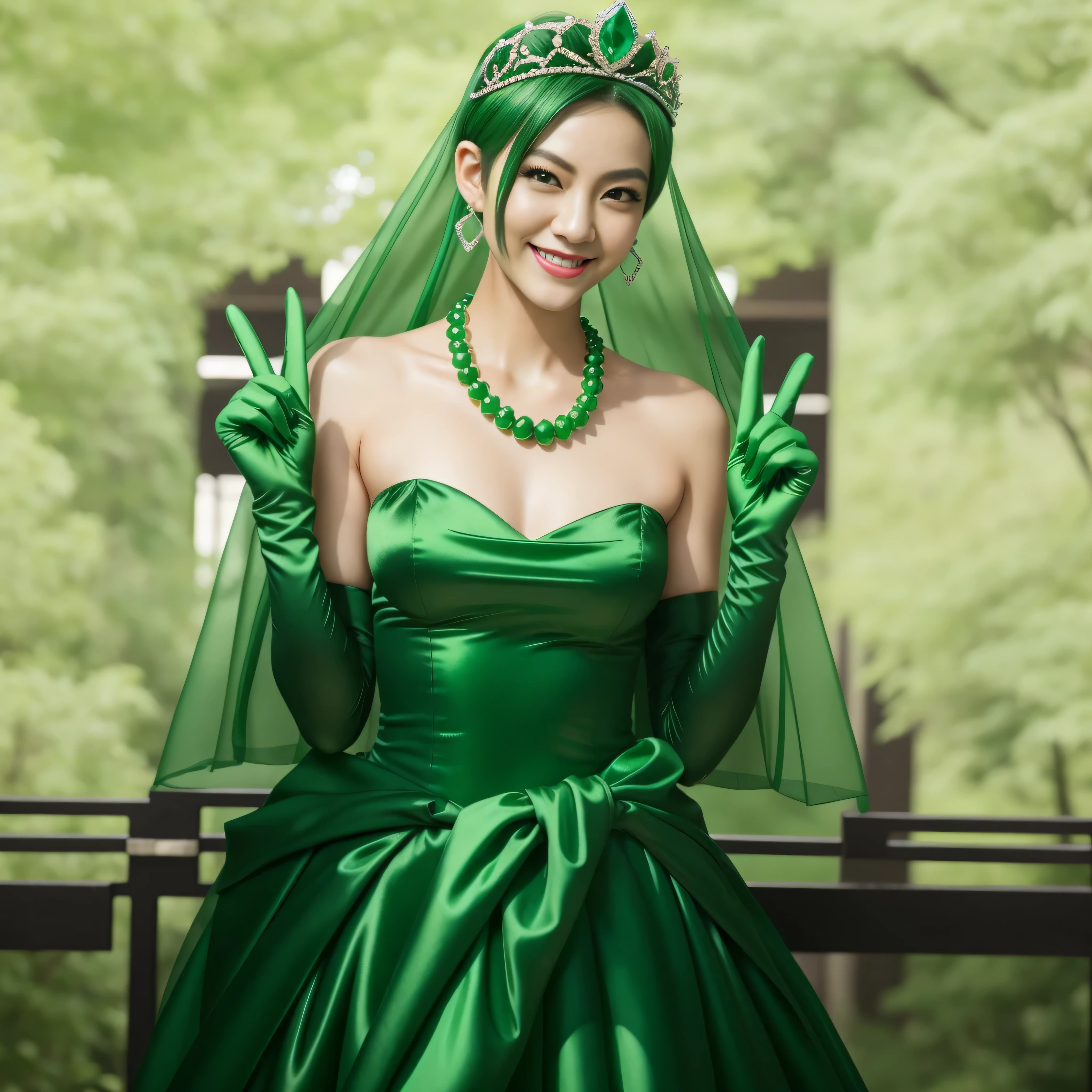 Emerald tiara, Green Pearl Necklace, Boyish very short green hair, lipstick, Smiling Japanese woman, Very short hair, big and beautiful, Green Eyes, Long green satin gloves, Green Eyes,v sign, emerald earrings