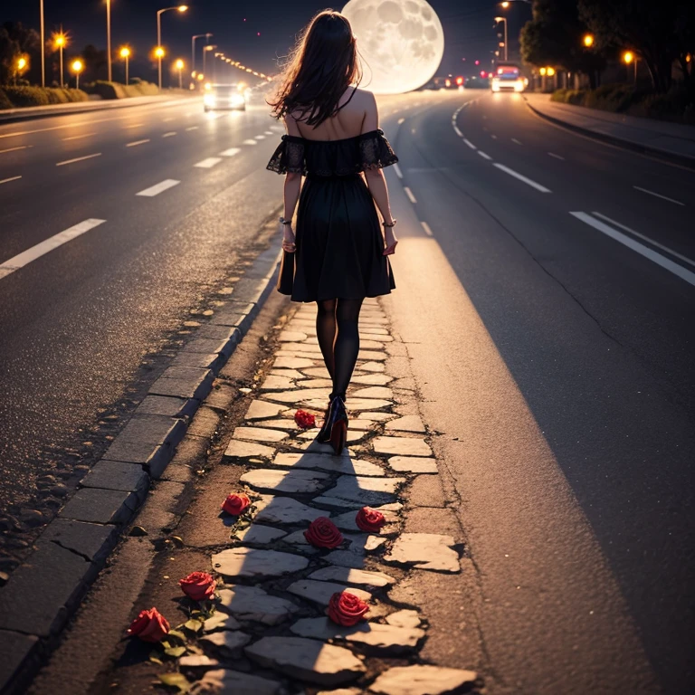 A full moon night illuminating a road with several roses on both sides