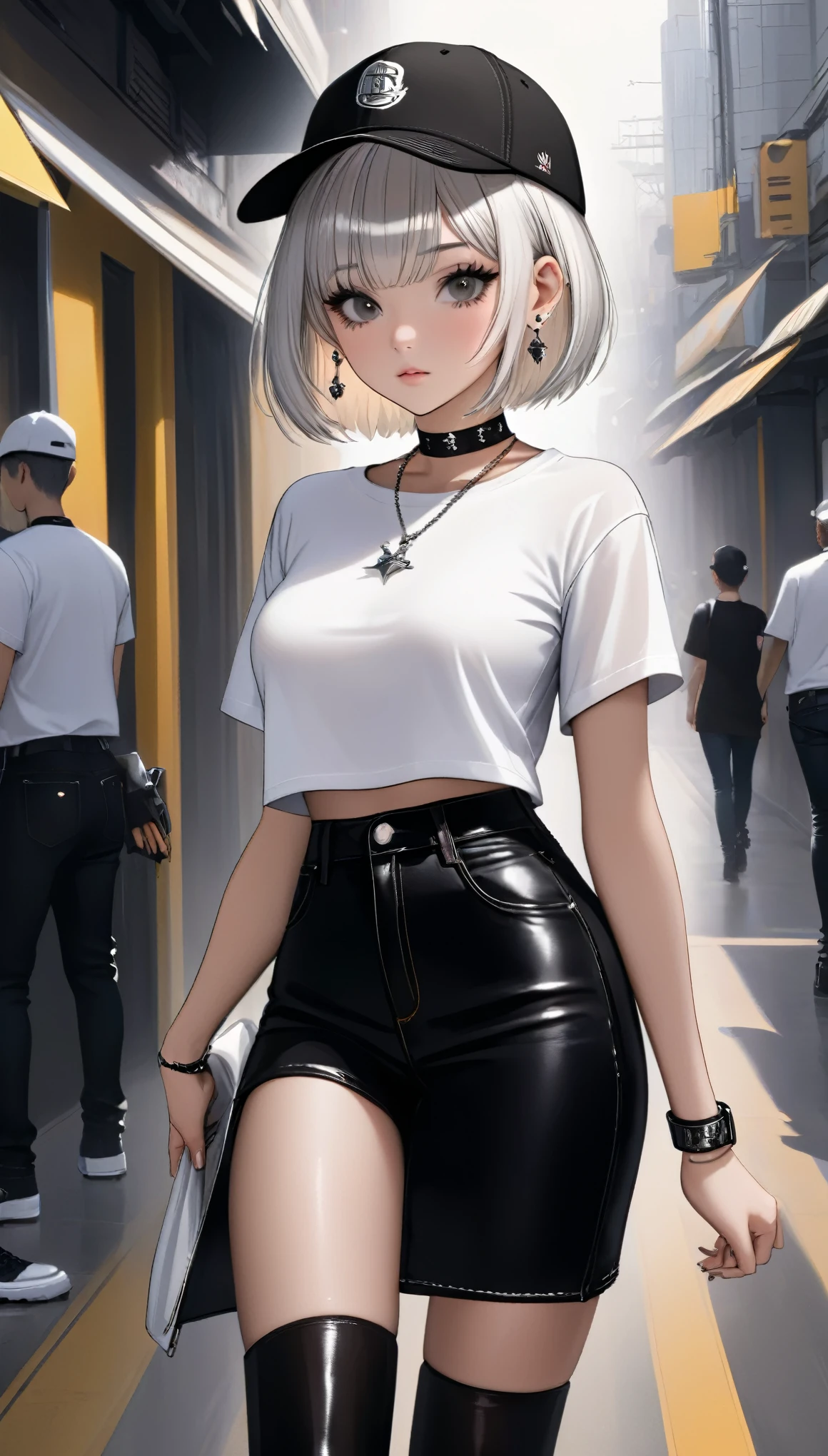 best quality, super fine, 16k, incredibly absurdres, extremely detailed, beautiful cute girl with cool model-like figure, silvery white short bob cut, bangs, white open-necked shirt, platinum piercings, platinum necklace, slender perfect proportion, black fashion baseball cap, black earrings, black choker, black jeans, black engineer boots