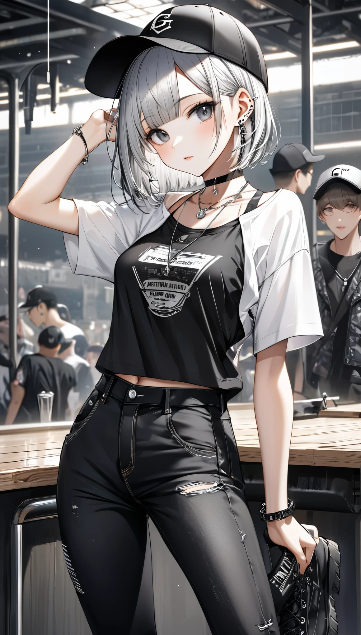 best quality, super fine, 16k, incredibly absurdres, extremely detailed, beautiful cute girl with cool model-like figure, silvery white short bob cut, bangs, white open-necked shirt, platinum piercings, platinum necklace, slender perfect proportion, black fashion baseball cap, black earrings, black choker, black jeans, black engineer boots