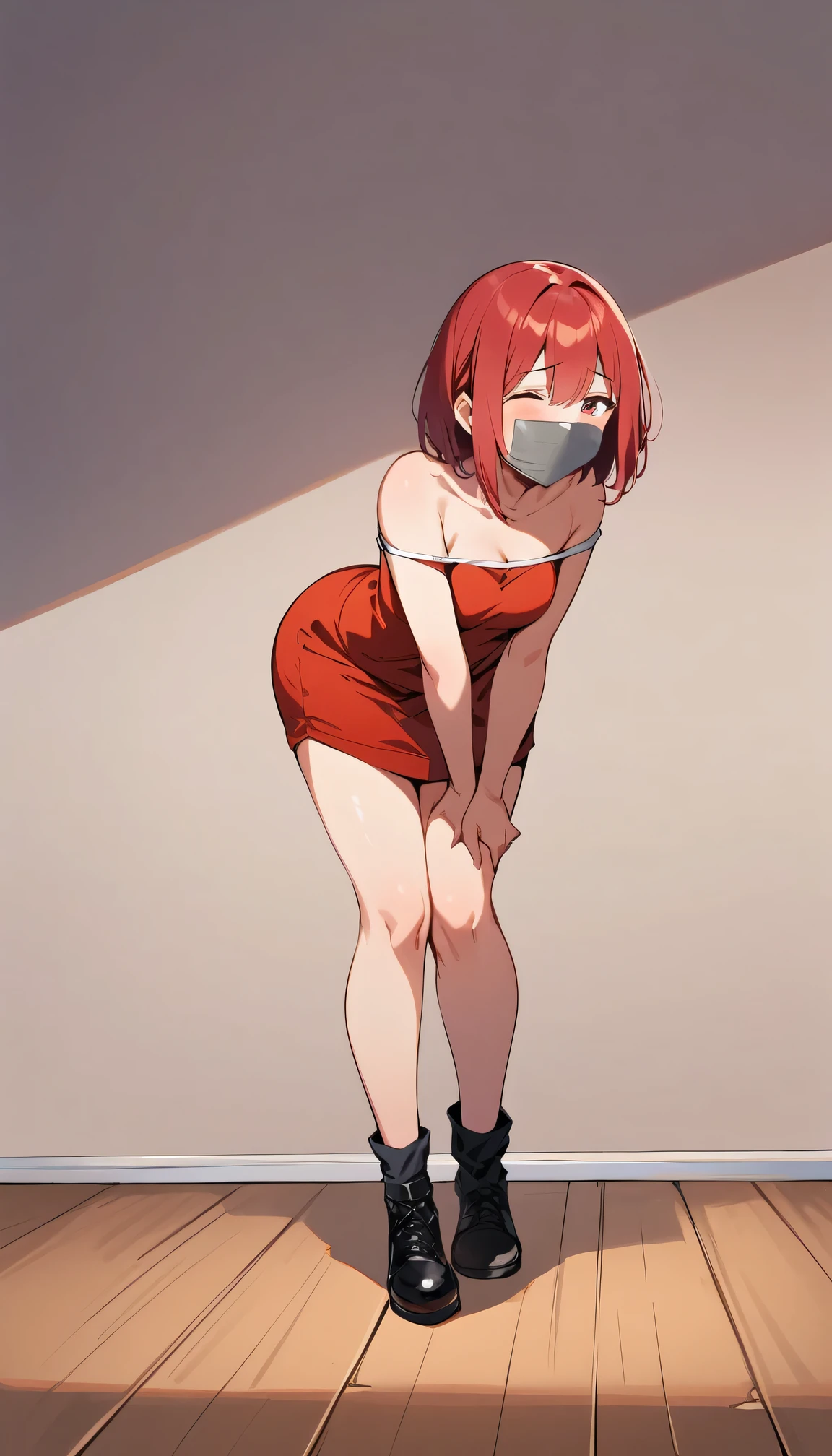 (masterpiece, best quality:1.2), 1 Girl, Solitary, Off-shoulder, bend over, Red hair, short hair, blush, Slim, Improvisational Performance, Silver Tape, tape gag, Full body tape restraint, mumimification,