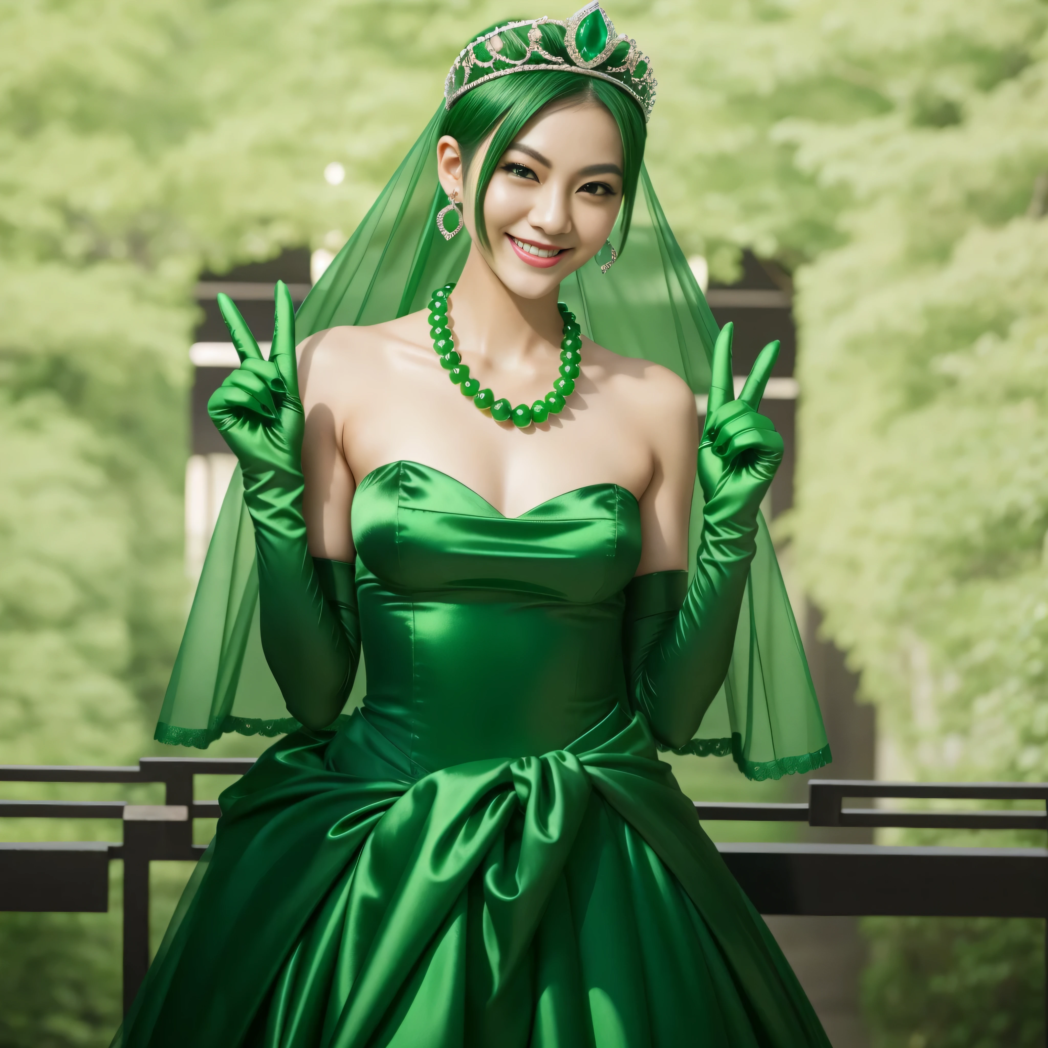 Emerald tiara, Green Pearl Necklace, Boyish very short green hair, lipstick, Smiling Japanese woman, Very short hair, big and beautiful, Green Eyes, Long green satin gloves, Green Eyes,v sign, emerald earrings