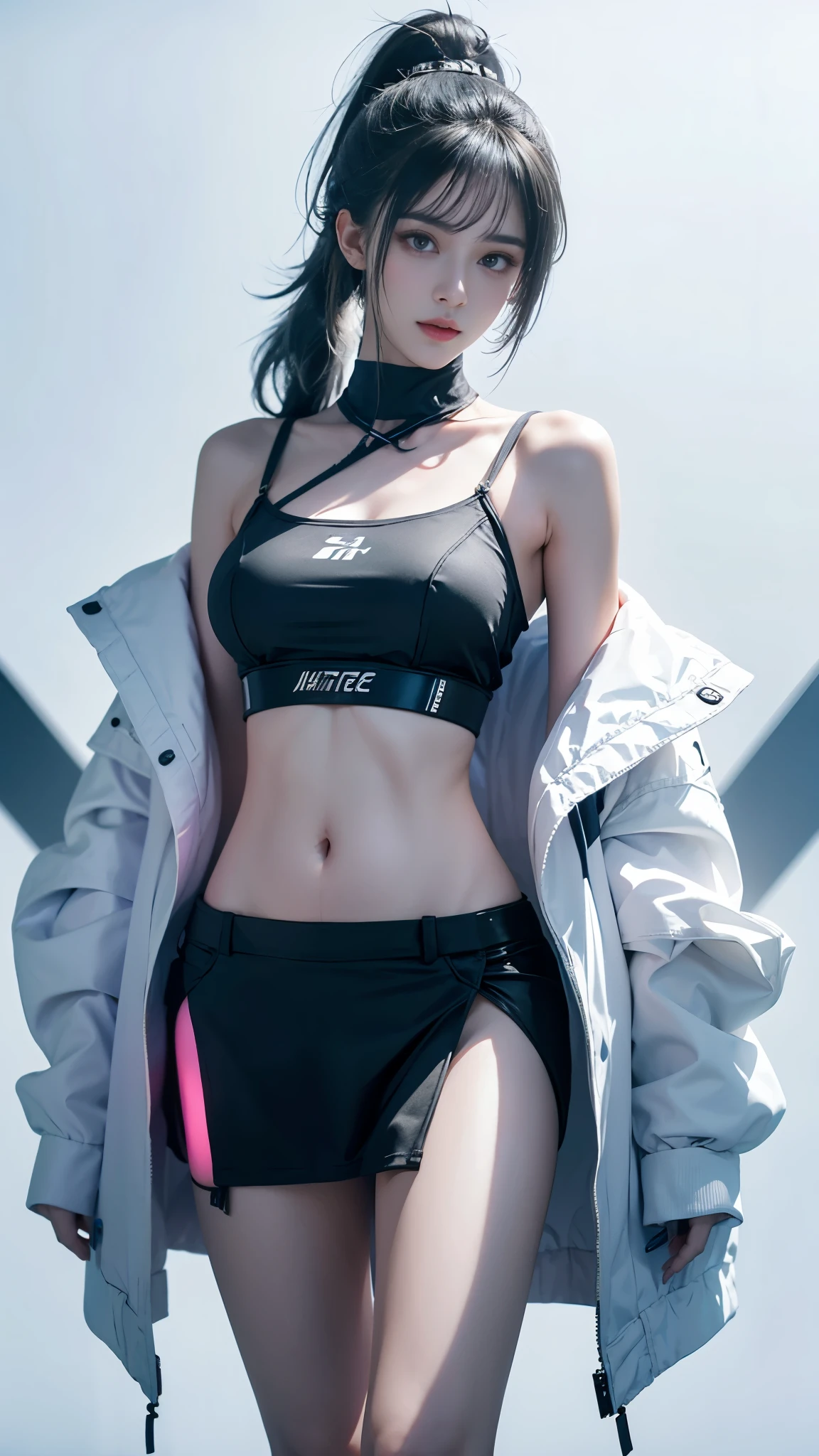 masterpiece,best quality,high resolution,8k，Focus on thighs and above,RAW photos,Digital Photography,(sci-fi style women),20 year old girl,Long ponytail hairstyle,By Bangs,(Purple Eyes),(white hair),Full breasts,Felling,Elegance and nobility,Serious and indifferent,Open white coat,black camisole,Rich details,shut your mouth,Show your belly button,Exquisite decoration,Cyberpunk future style,(female scholar),Photo poses,White background,oc render reflection texture