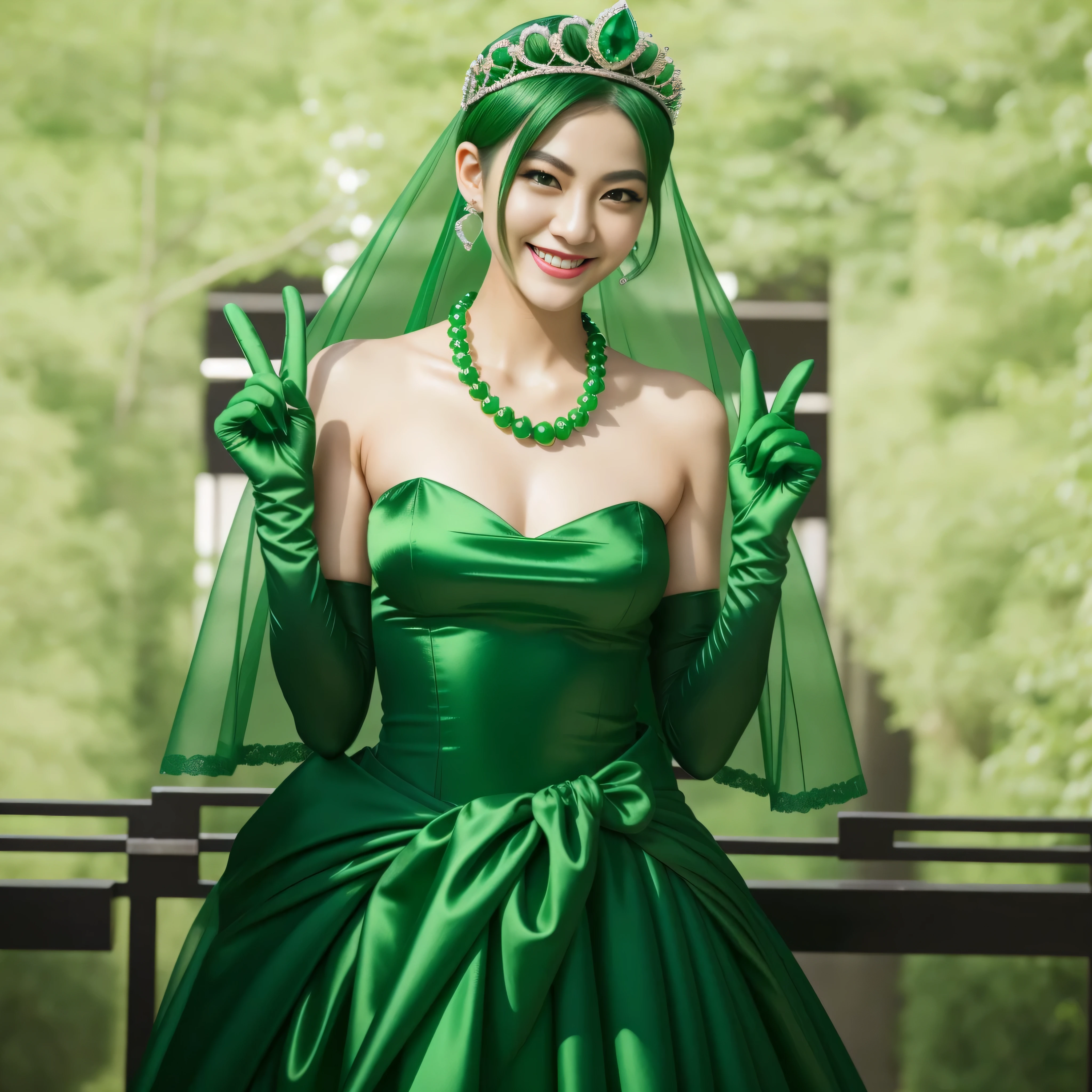 Emerald tiara, Green Pearl Necklace, Boyish very short green hair, lipstick, Smiling Japanese woman, Very short hair, big and beautiful, Green Eyes, Long green satin gloves, Green Eyes,v sign, emerald earrings