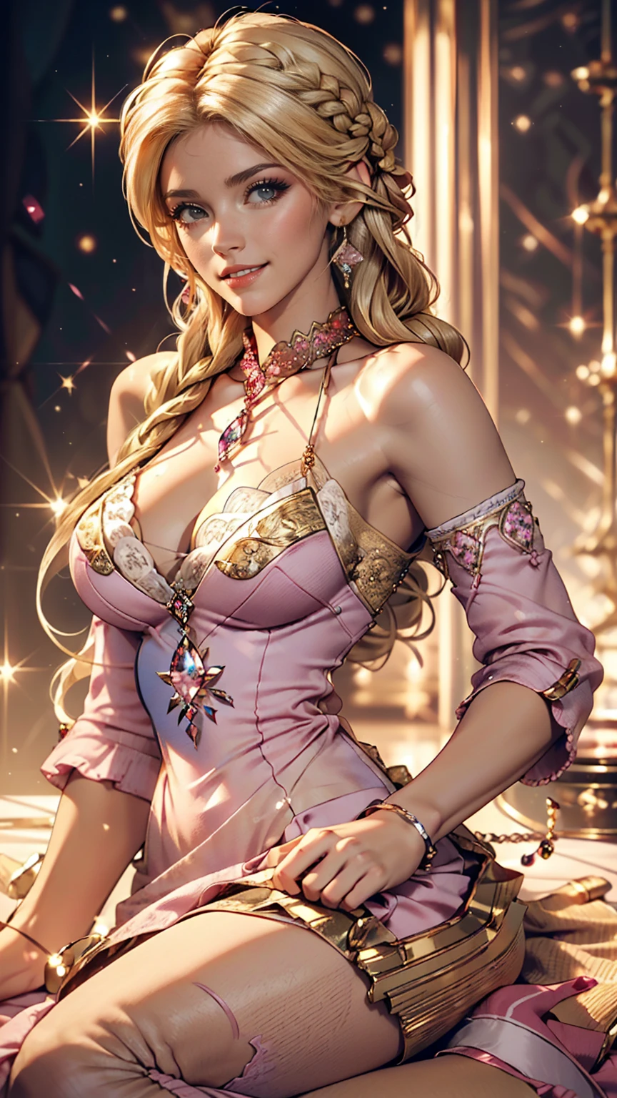 stunning, satin dress, cleavage, Starlet, Average Height, Lean, Oval Face, Tan Skin, Honey Blonde Hair, ruby Eyes, Narrow Nose, Thick Lips, Prominent Chin, Long Hair, Curly Hair, , soft breasts, Clip-on earrings, pink velvet lipstick, Spiraling tower with intricate carvings, rising towards the celestial realm