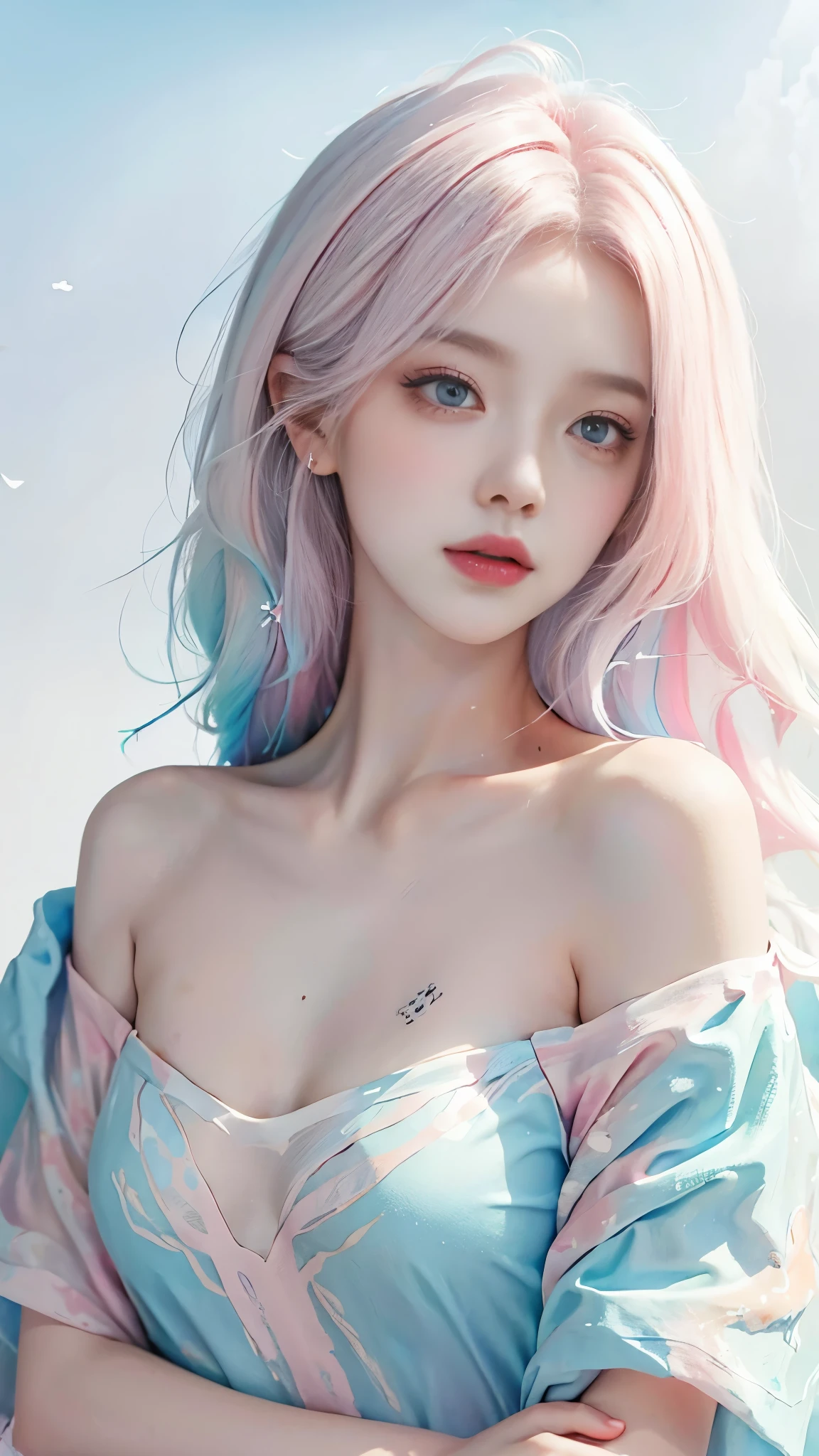 Light blue and pink color scheme，Sexy girl nipple，little body，Petite，White curly hair，from back