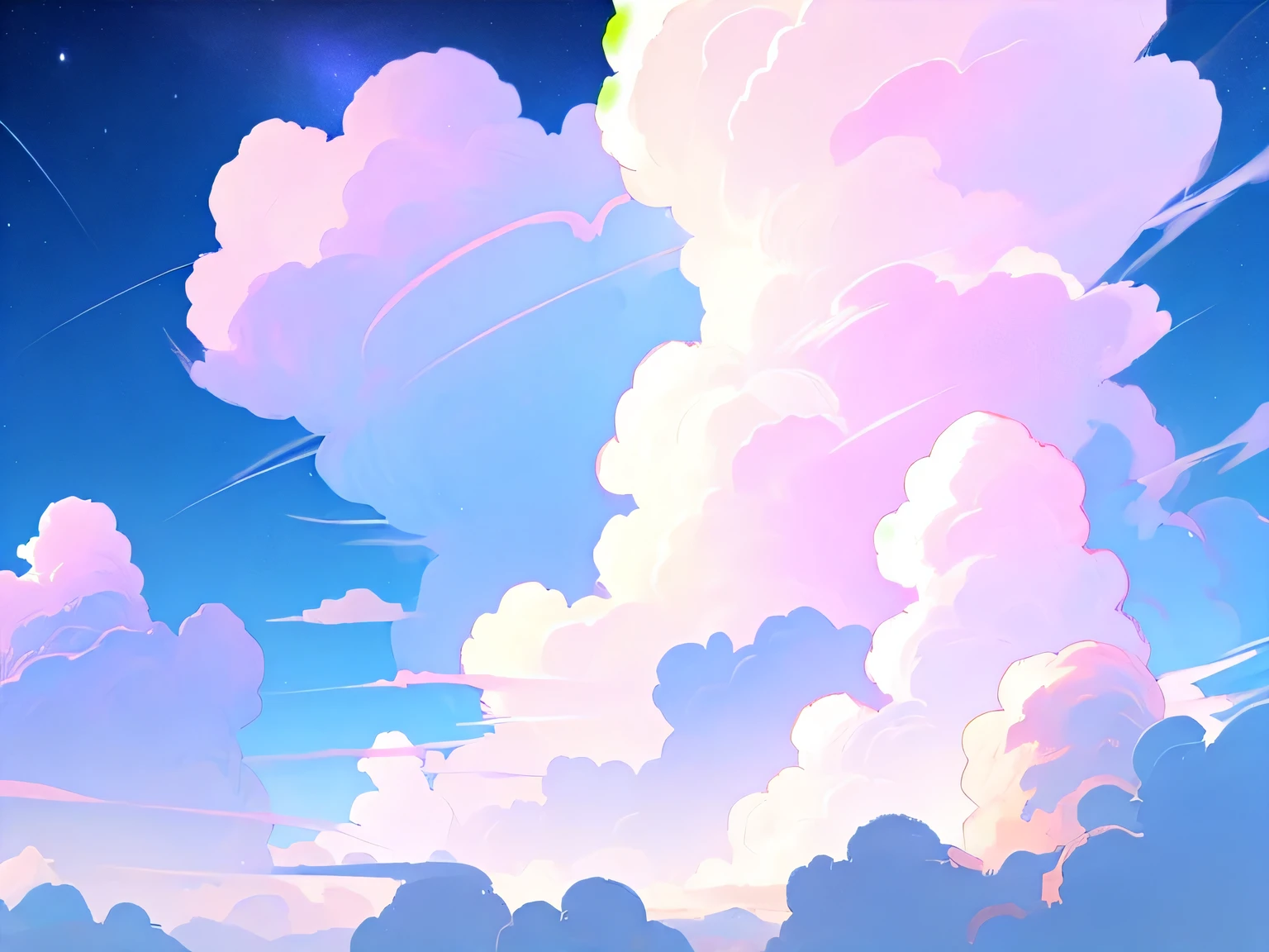 (((masterpiece))), (((Best quality))), background wallpaper, Fantastic hall with unknown technologies with a bunch of clouds in white, blue and pink flowers. many fantastic clouds, stars are visible, no people. Computers and holograms, there are characteristic curls in the clouds. many lines in the clouds. pastel colors.