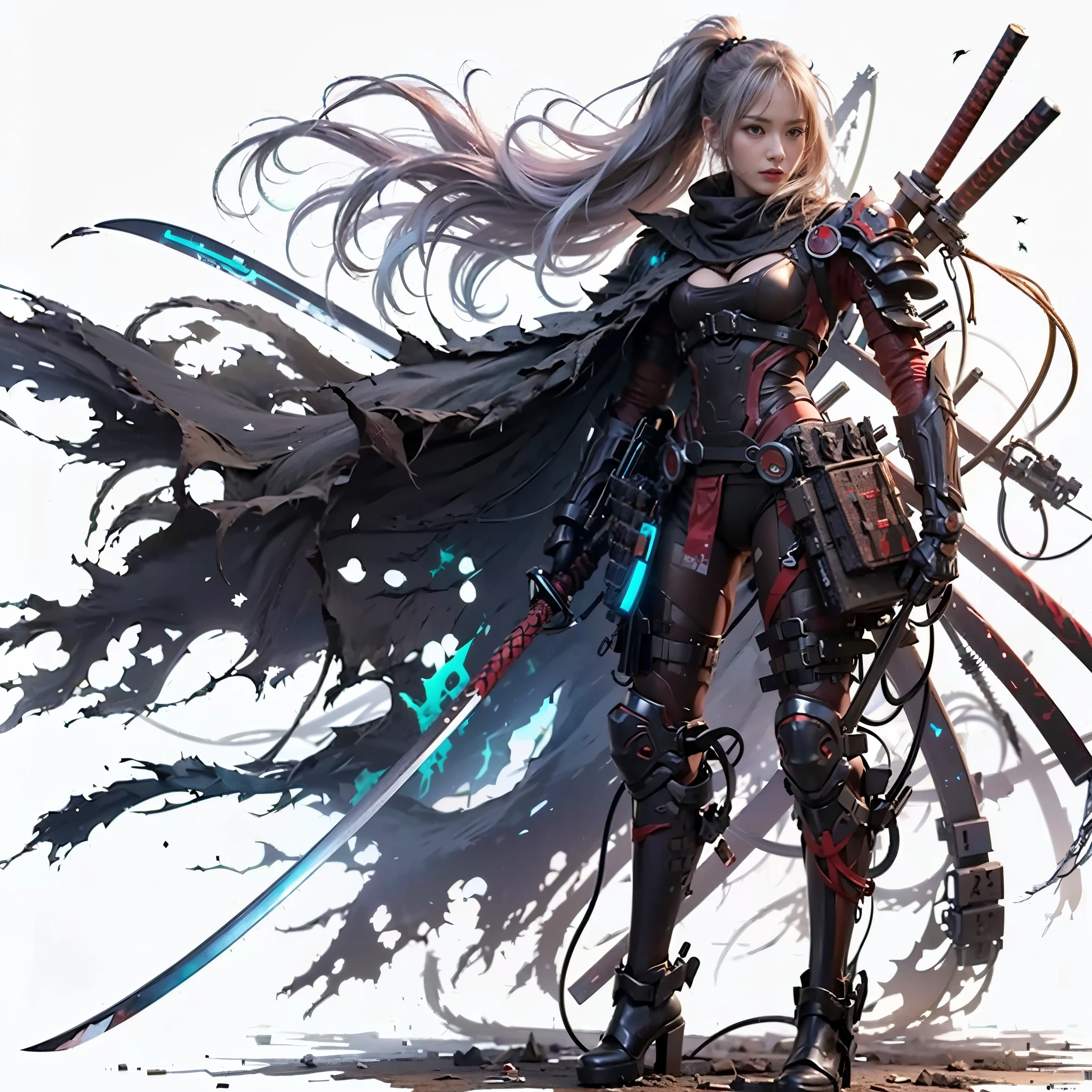 (best quality,highres,masterpiece:1.2),mechanical,hydraulic cylinders,samurai armor,Japanese sword,beautiful girl,twin tails,silver hair,realistic,photorealistic:1.37,photo shoot,ultra-detailed,hyper-realistic textures,full body,battlefield