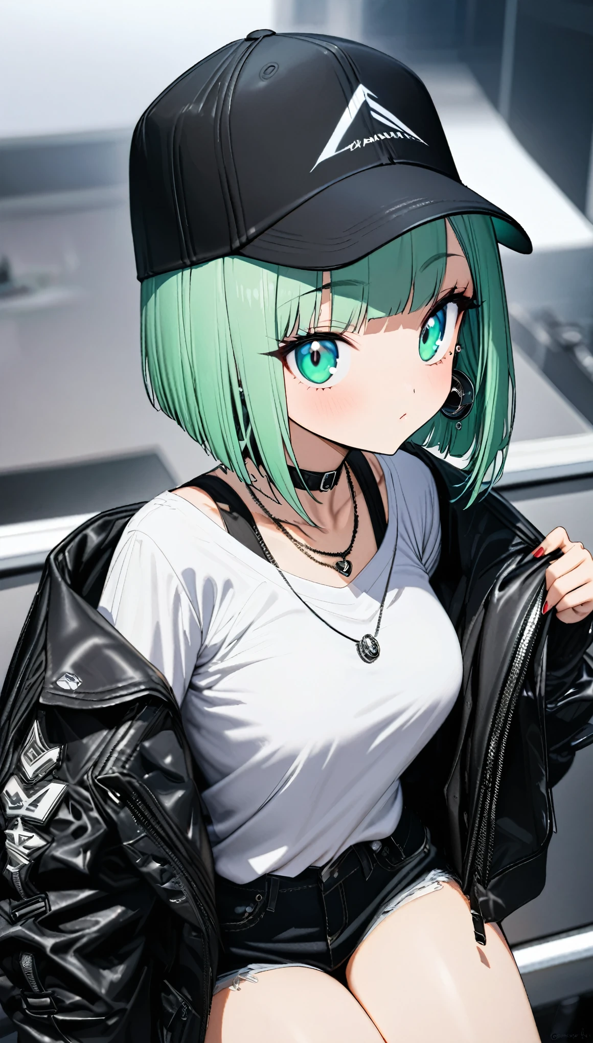 best quality, super fine, 16k, incredibly absurdres, extremely detailed, beautiful cute girl with cool model-like figure, silvery white short bob cut, bangs, white open-necked shirt, platinum piercings, platinum necklace, slender perfect proportion, glossy green round big eyes, black fashion baseball cap, black earrings, black choker, black jeans, black engineer boots