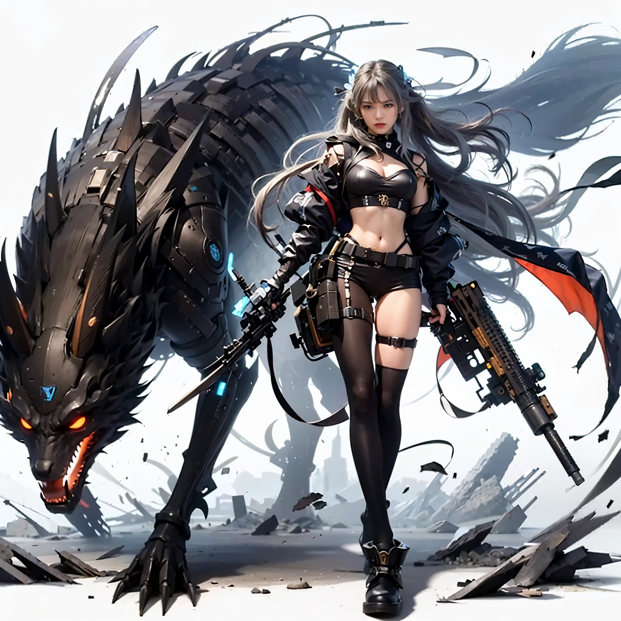 (best quality,highres,masterpiece:1.2),mechanical,hydraulic cylinders,samurai armor,Japanese sword,beautiful girl,twin tails,silver hair,realistic,photorealistic:1.37,photo shoot,ultra-detailed,hyper-realistic textures,full body,battlefield
