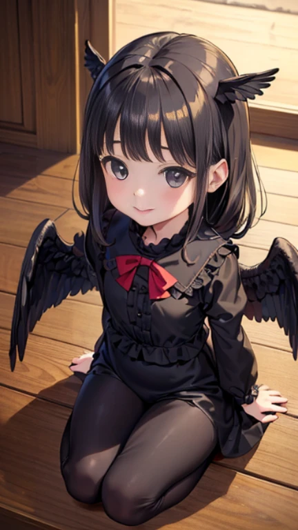 ((masterpiece)),((highest quality)),((Anatomical)),((Realistic)),((Detailed Description)),((cute)),((女の子のcute部屋)),(((Kindergarteners))),((Beautiful Eyes)),((Baby Face)),((Petite)),((Bewitching Smile)),((Black wings)),(((Mourning clothes))),
