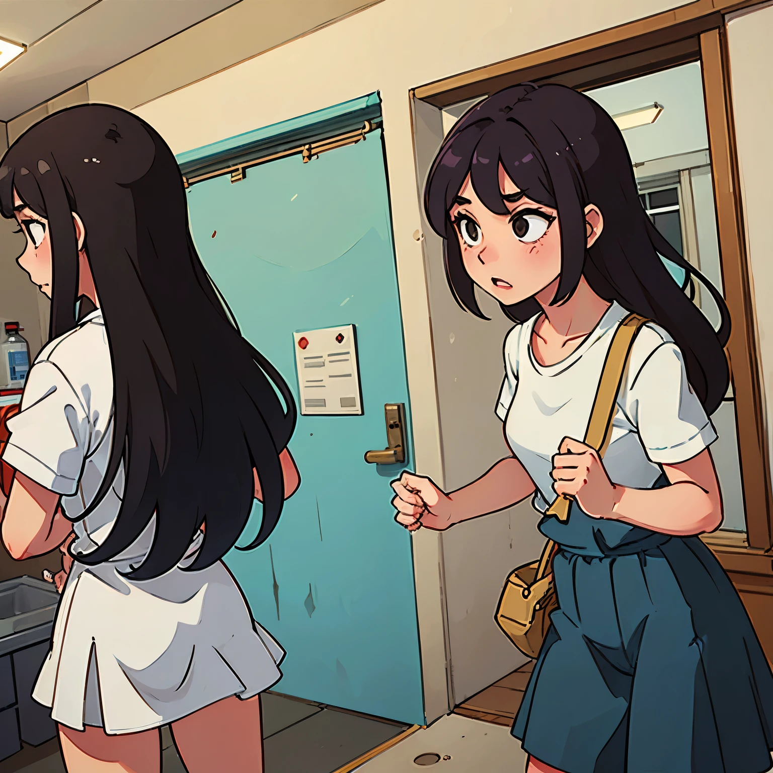Girl going into the girls restroom to use the toilet but sees a group of girls smoking, taking pictures and destroying the restroom  so the girl who wants to use the restroom can’t use it beachside of the group of girls 