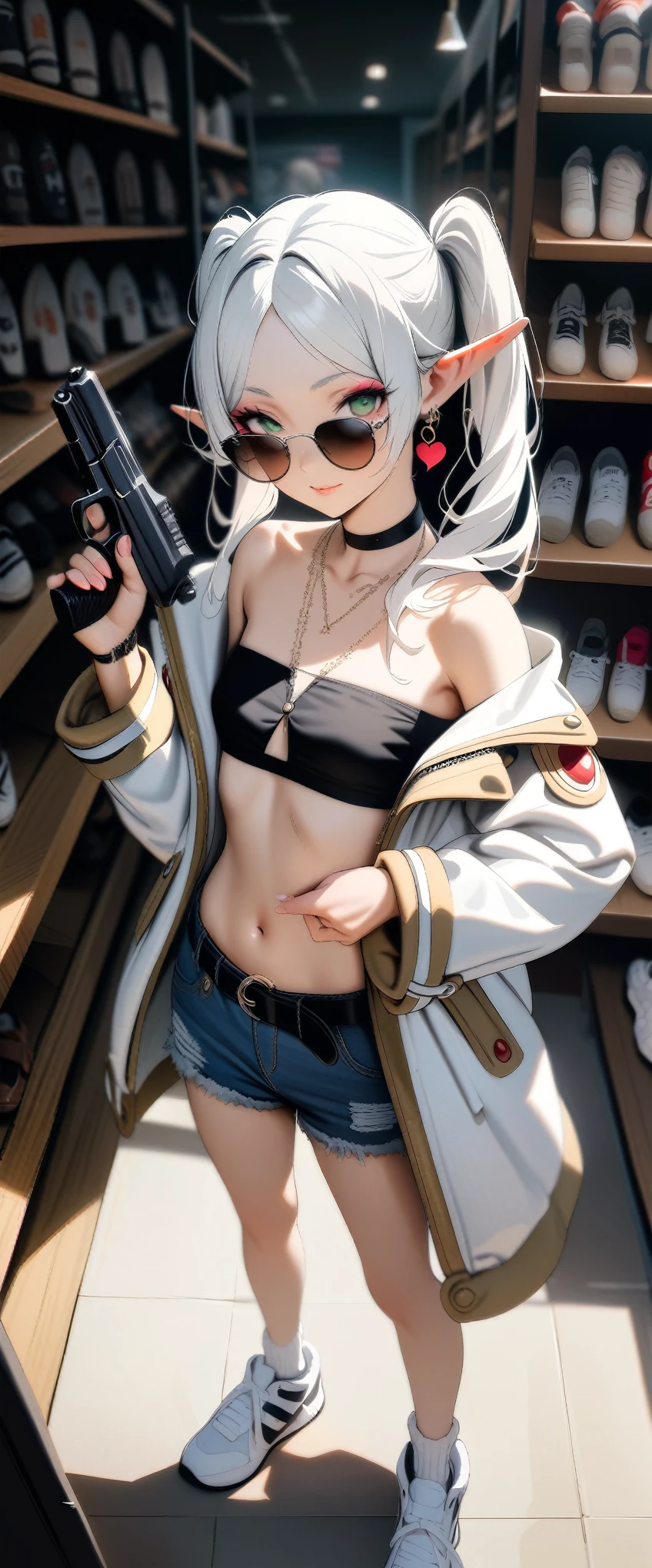 high-key and low-variance brightness scale,soft light,realistic light and shadow, light and dark interlaced,(wide shot:1.3),female focus,(aiming at viewer:1.4),dramatic angle,upper body,(solo:1.6)
(masterpiece),(best quality),(highres),(by famous artist),(((official art))),(by Paul Hedley),(illustration),
1girl,(frieren:1.6),(elf:1.4),fashionable female
(small breasts:1.3),(whole body),(round face),(pointy ears),(slim legs),(skinny body),(detailed beautiful face),lustrous skin,shiny skin,(articulated fingers),navel,midriff,thick lips
(white jacket:1.4),(black bandeau:1.3),(unbuttoned),(frayed denim shorts),(white socks),(sport shoes),(off shoulders),(belly chain),belt,hair ornament,heart-shaped earrings,silver bracelet,black choker
indoor,(clothing store:1.4),(multiple clothes),small items on display,various accessories,jewelry,earrings,makeup,collarbone necklace,headpiece,
((seductive smile)),blush,((standing)),(holding dual pistols:1.4),
(sunglasses:1.2),(green eyes)
(white hair),long hair,twintails,parted bangs,(reflective hair),