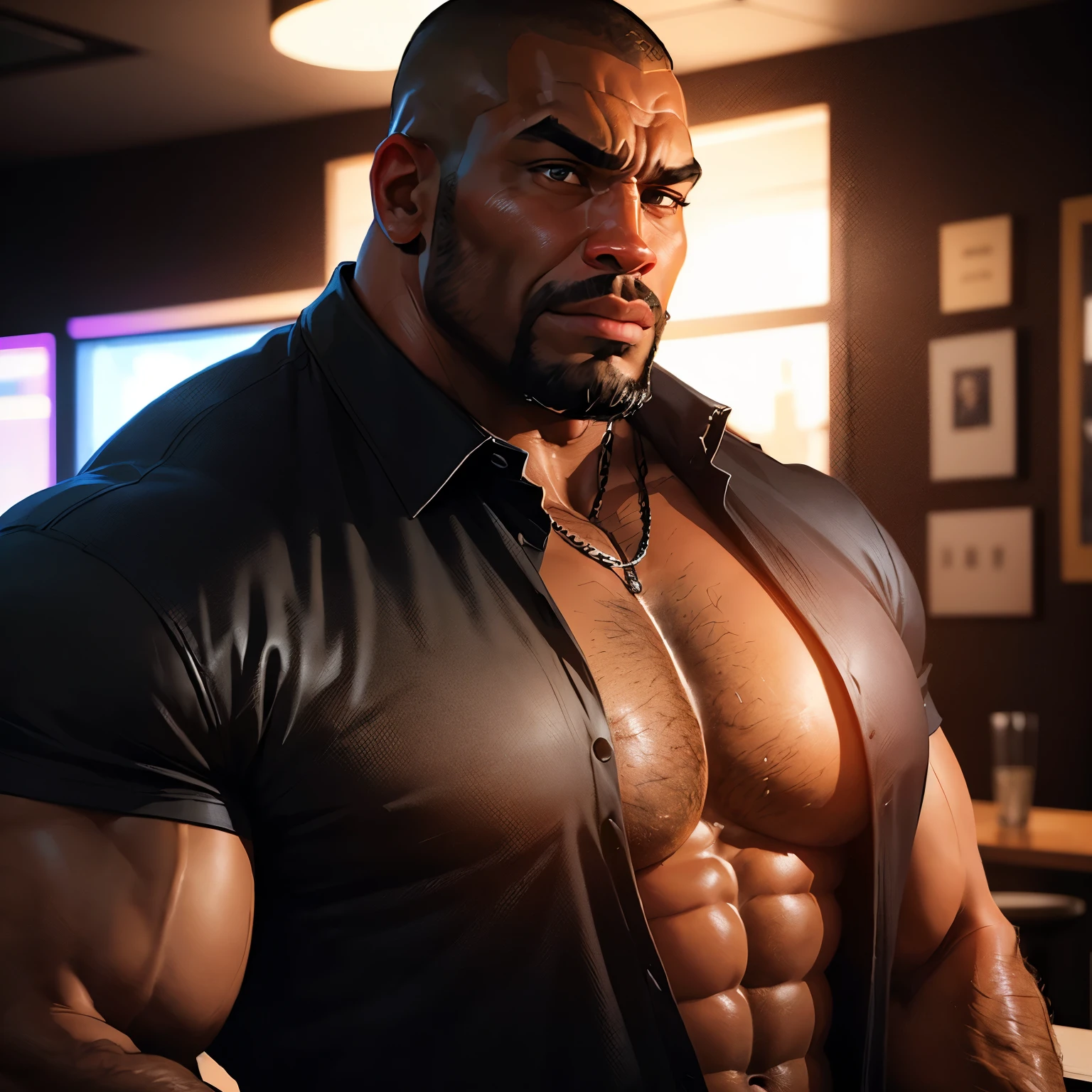 an exaggeratedly muscular and large bodyguard, beefy build, beard, dark-skinned african american male, buzzcut hair with square line, (surprised expression: 1.2), (wearing unbuttoned black business shirt: 1.2), small name tag on shirt, (bara pecs: 1.3), (arm and chest hair: 1.1), close-up portrait HD, (vibrant night club bar)