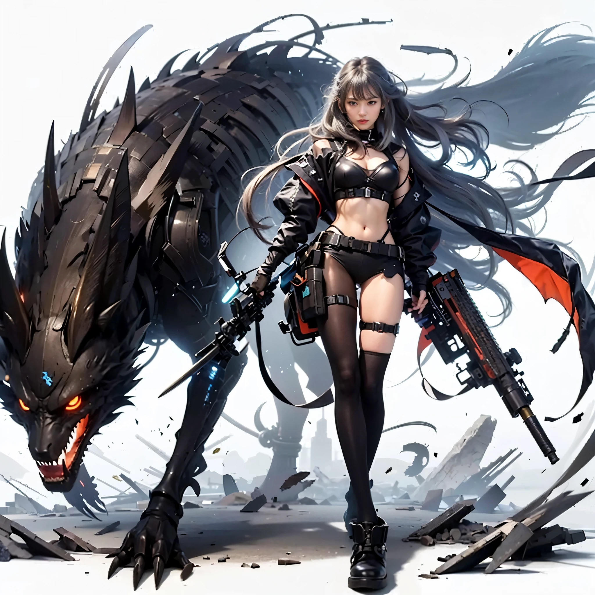(best quality,highres,masterpiece:1.2),mechanical,hydraulic cylinders,samurai armor,Japanese sword,beautiful girl,twin tails,silver hair,realistic,photorealistic:1.37,photo shoot,ultra-detailed,hyper-realistic textures,full body,battlefield