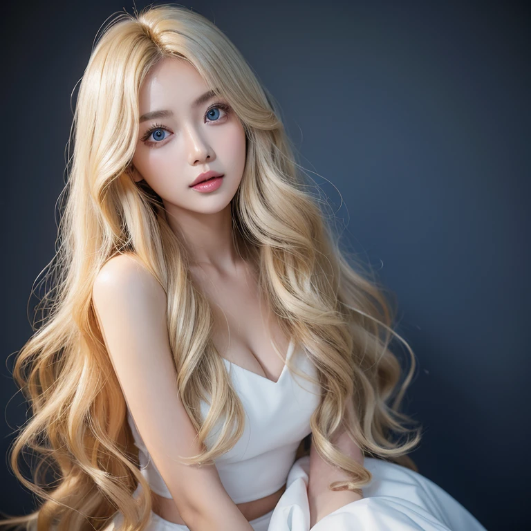 Highest quality,26 years old,woman,Long Hair,Light blonde hair color,Soft wavy hairstyle,with big eyes、Deep blue,Bright、Has a lively expression,Height about 165cm,bust 86cm,Waist 63cm,Hip 89cm,Healthy and bright skin tone,Thick lips,