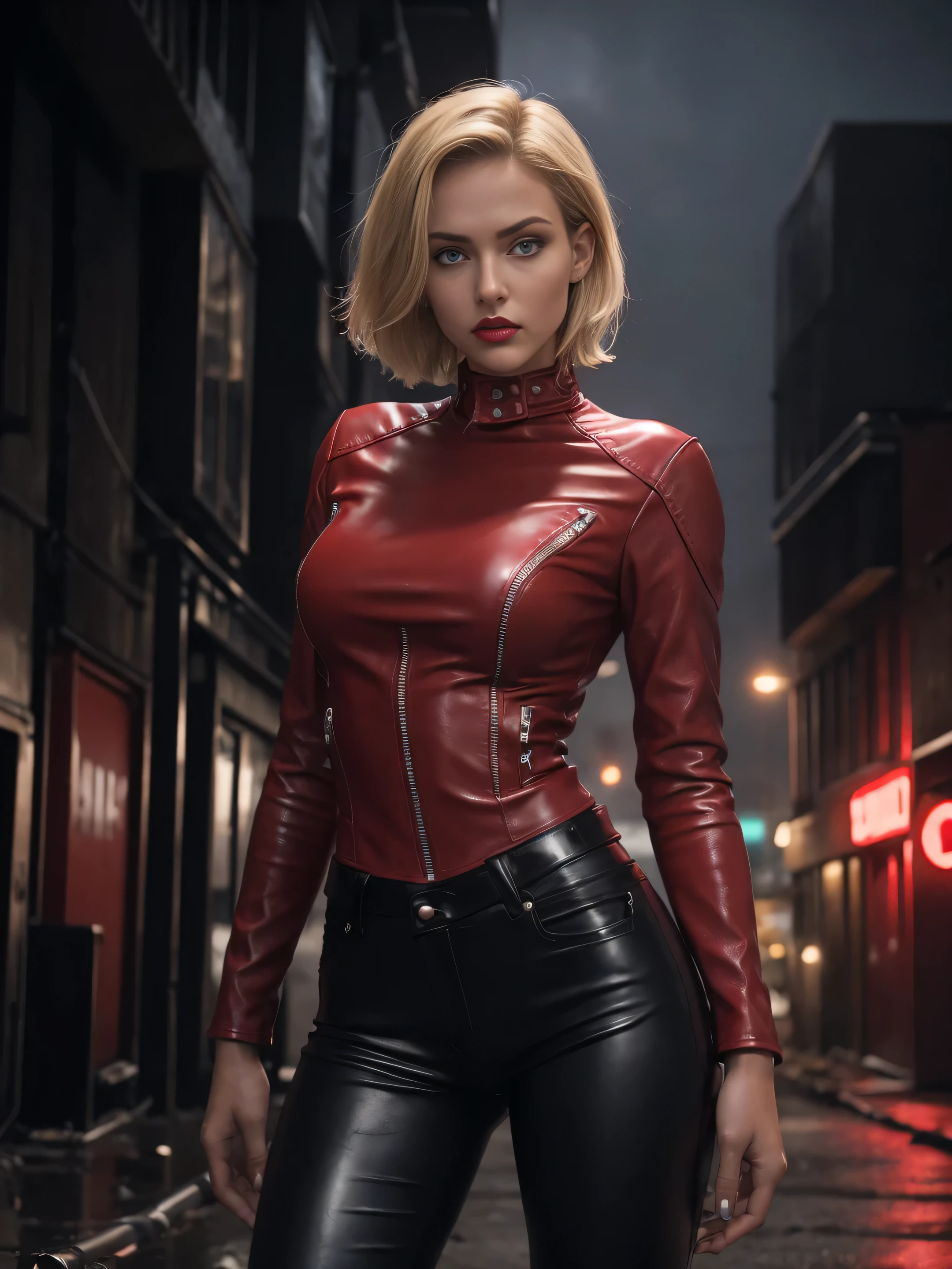 full length young beauty sexy 18 year old Instagram model girl , blonde very short hair, blue eyes, red lips, scowling expression, piercing gaze, wearing tight leather pants, tight leather jacket, in a red sleeveless t-shirt, leather boots, standing in a deserted post-apocalyptic small town street at night in the fog, faded dark colors
