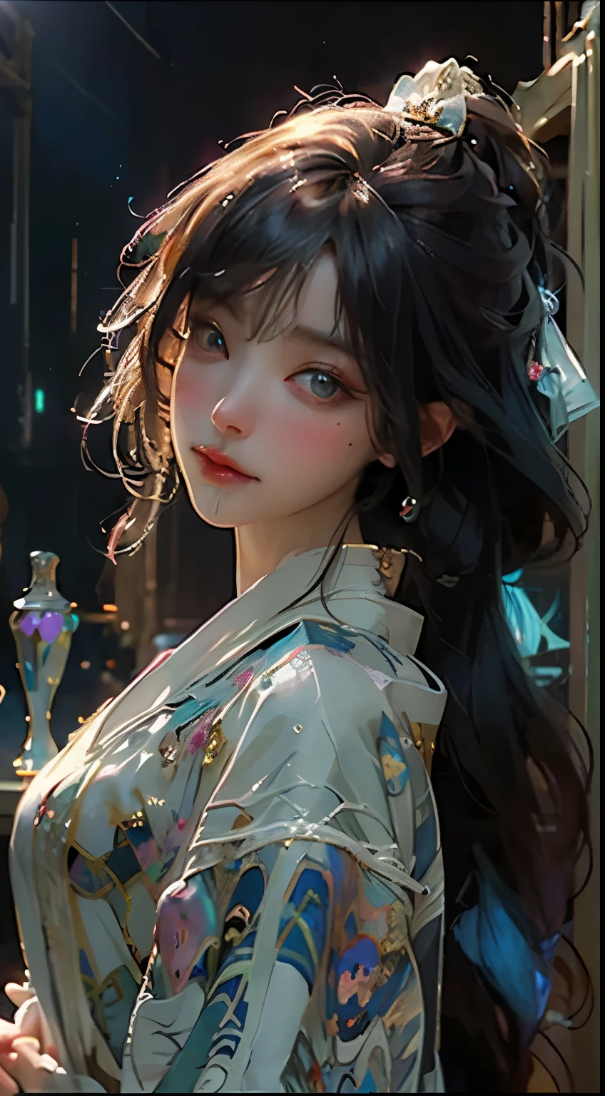 highest quality、water, refraction, reflection, mirror, prism, sunlight, Glowing Light!! Mysterious background、Complex and elegant, Very detailed, Digital Painting, artステーション, コンセプトart, Smooth, Sharp focus, figure, art ( ( ( ( artジャーム ) ) ) ) and ( Greg Rutkowski )! and ( ( ( Alphonse Mucha ) ) ), An eye reflected in an infinite eye、backlighting、looking at viewer、light pours down、overhead shot、universe、Blue aura、God's Light、Haght Dresses、looking at the camera、From above、