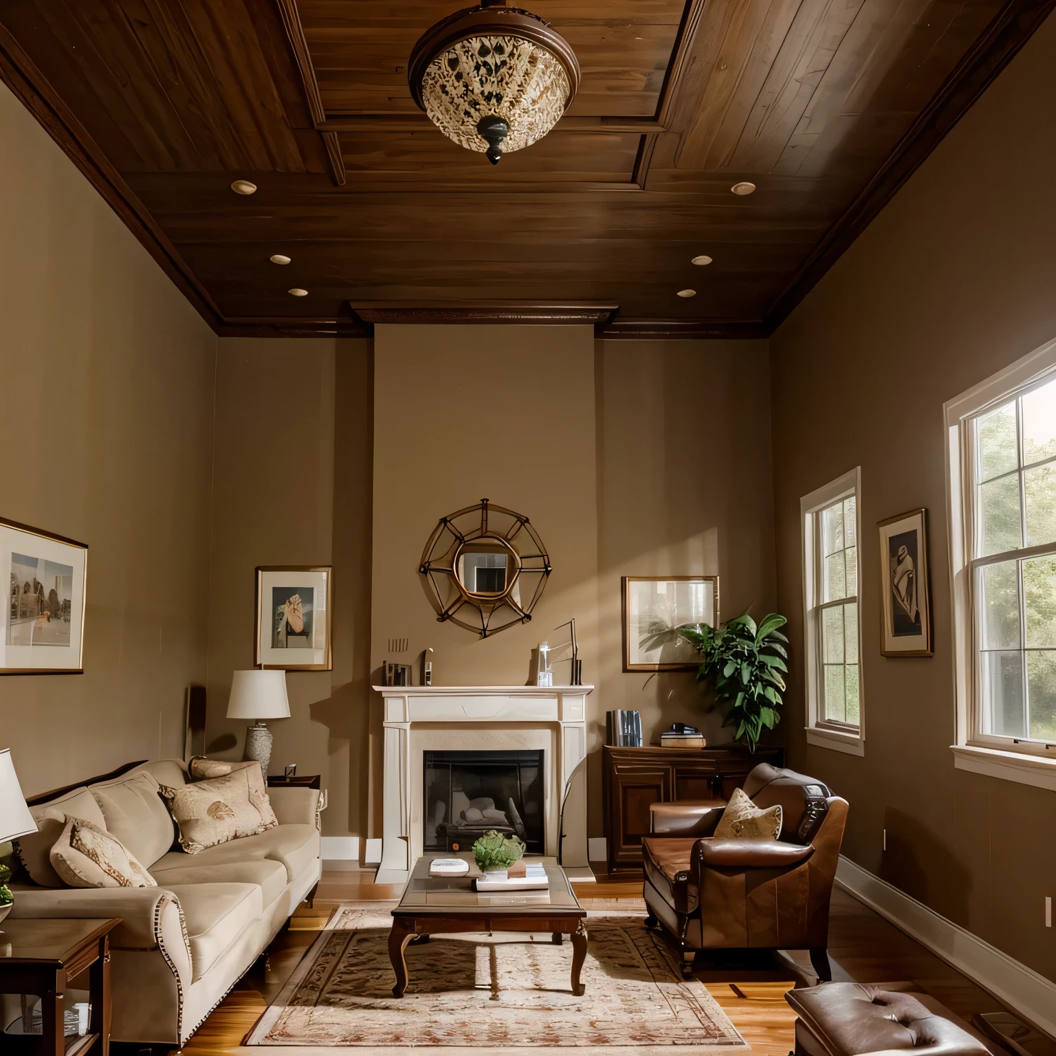 The family room background is aesthetically symmetrical with brown wall paint