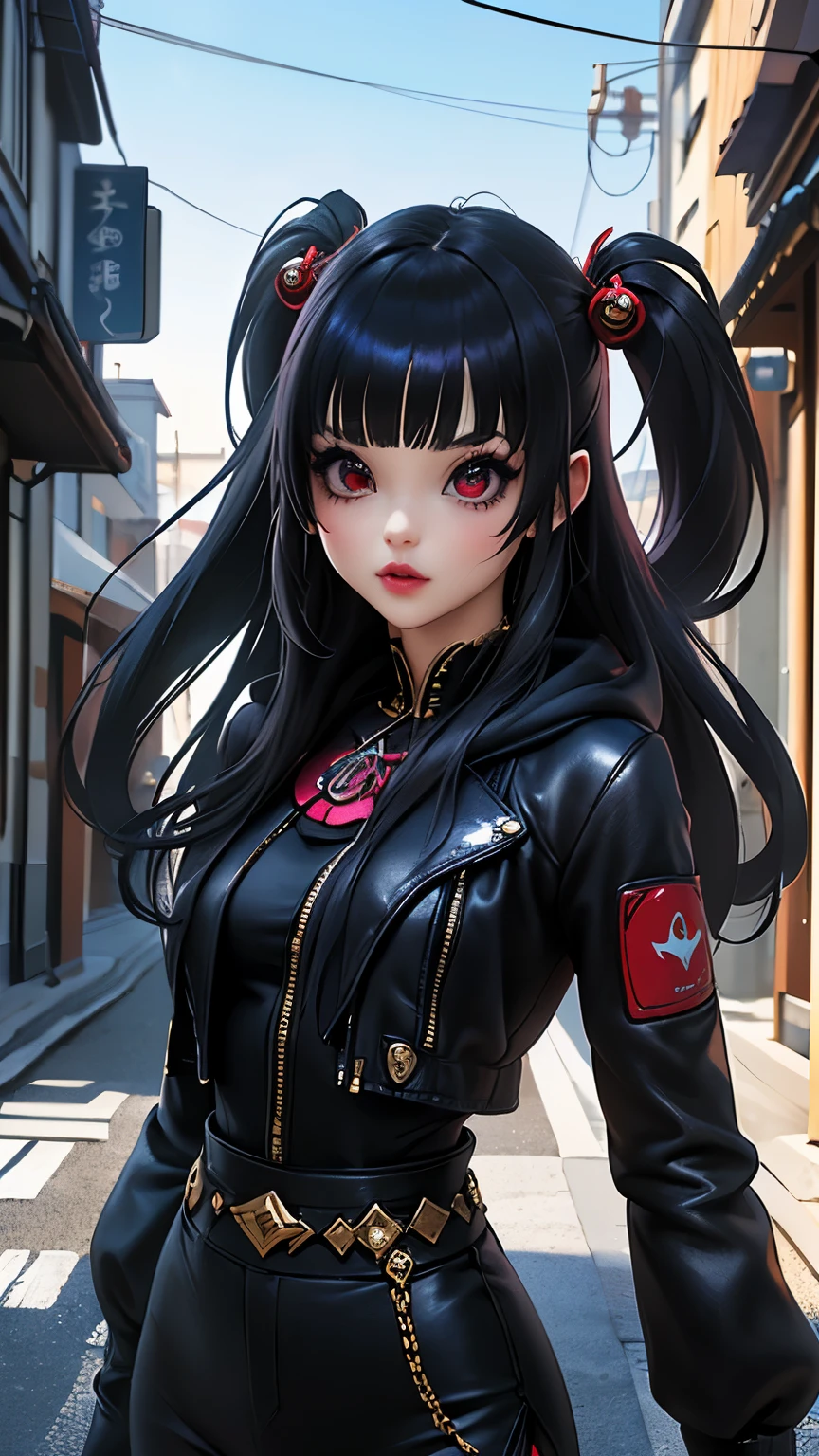 (La mejor calidad,A high resolution,Ultra - detallado,actual),Ariana Grande se parece a enoshima junko con cabello largo liso con flequillo, orejas de gato, vistiendo minifalda plisada blanca y auriculares streetwear, passion blue hoodie, en el pecho dice &#39;Funk del futuro&#39;, amidst a vibrant futuristic cityscape illuminated by neon lights.More detailed 8K.motor irreal:1.4,HD,La mejor calidad:1.4, fotorrealista:1.4, textura de la piel:1.4, obra maestra:1.8,obra maestra, mejor calidad,objeto Objeto], (rasgos faciales detallados:1.3),(Las proporciones correctas),(Ojos hermosos rojos:1.4 ),  (pose vaquero), (dedos detailed :1.4), ,( ciberpunk 2.1), (estilo kawaii:1.4), (Background an alley of stone walls Tokyo :1.4), (perfect anatomy :1.4) 