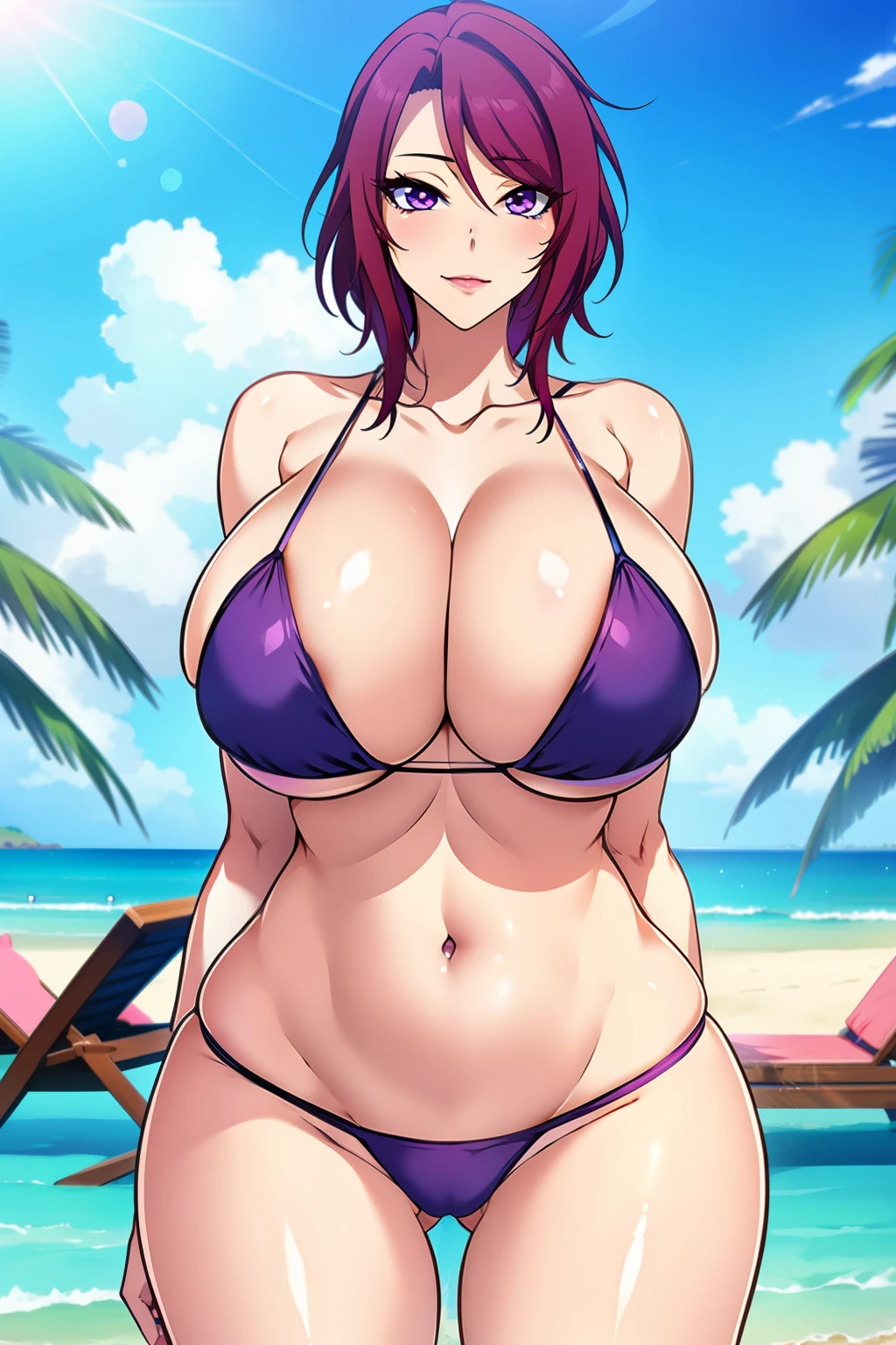 An anime-style artwork depicting Yoshioka_Maki from the game mesukyoshi4l.

Tags: Yoshioka_Maki, anime, detailed eyes, detailed lips, ass, (micro bikini : 1.4), long hair, solo, huge breasts,  (violet eyes), smiling expression, intense gaze, outdoor, beach, (lying on sun lounger), vibrant colors, digital art, high-resolution, professional quality, gigantic breasts, curvy, cowboy shot, (gigantic breasts: 1.4),