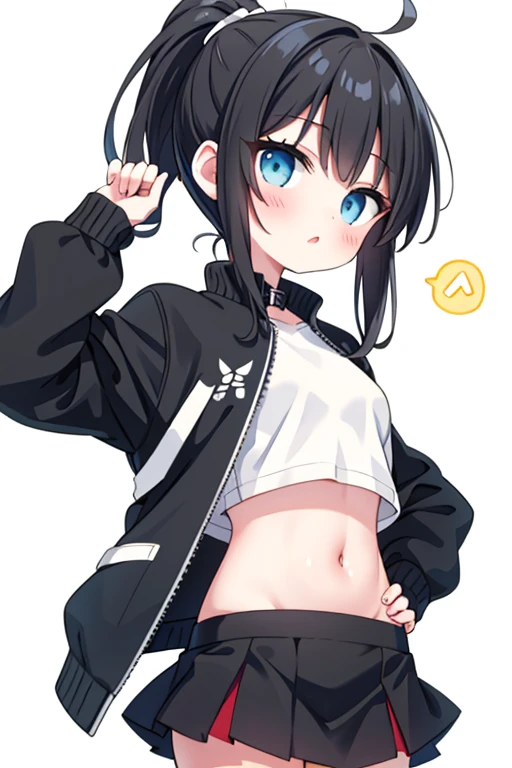 girl、、ponytail、mini skirt、White shirt、black jacket、belly button