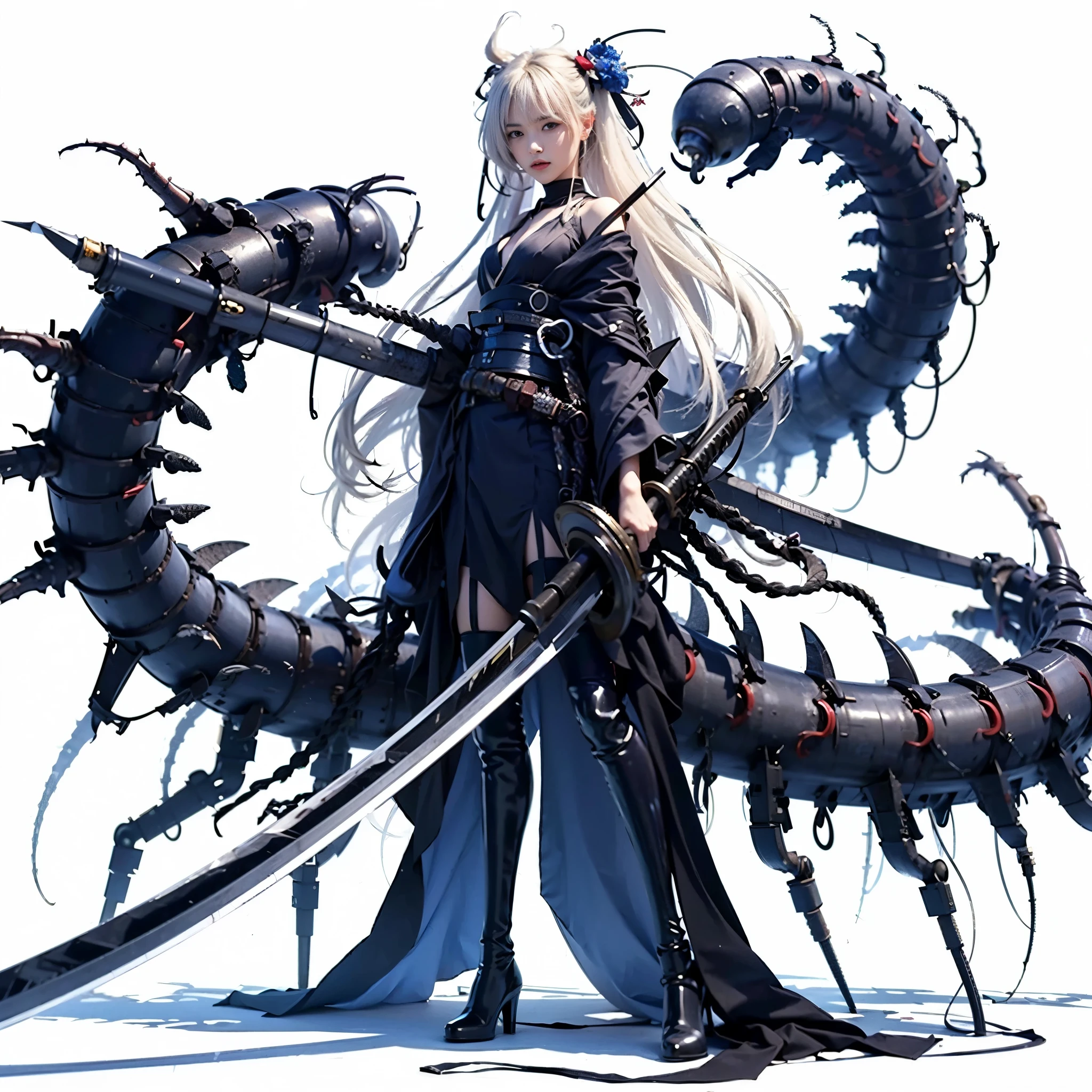 (best quality,highres,masterpiece:1.2),mechanical,hydraulic cylinders,samurai armor,Japanese sword,beautiful girl,twin tails,silver hair,realistic,photorealistic:1.37,photo shoot,ultra-detailed,hyper-realistic textures,full body,battlefield