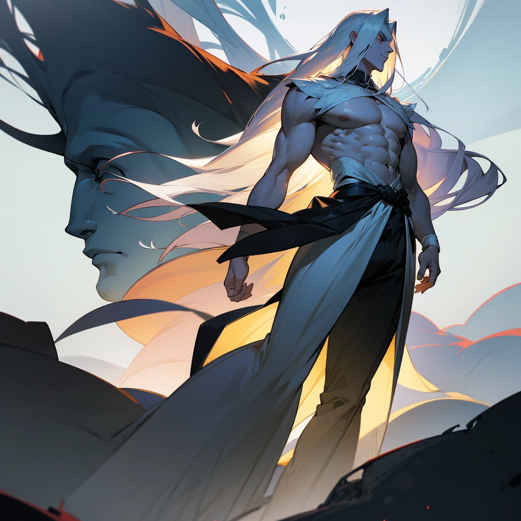 A majestic silhouette of a tall muscular man, white hair, long hair, pale skin, ancient black clothing, only one man.