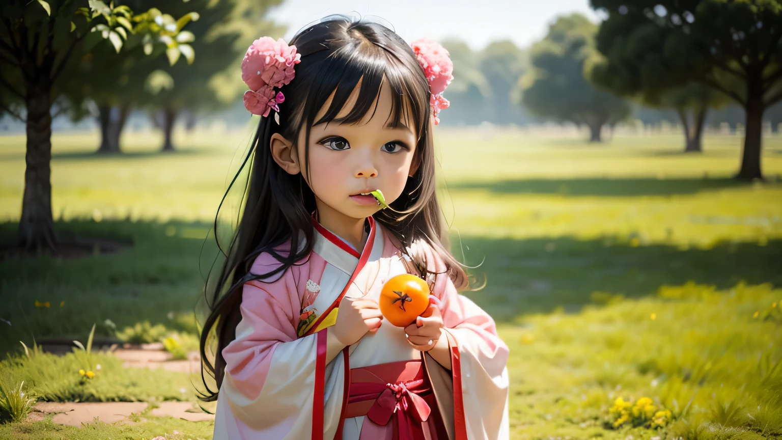 On a large grassland，Hanfu，Long hair，A  with a round face wearing a pink Hanfu，Round Face，cute，Standing，I was just biting on a translucent little tomato