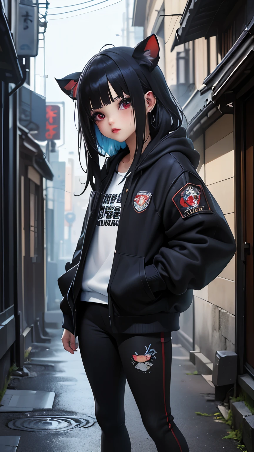 (La mejor calidad,A high resolution,Ultra - detallado,actual), cabello largo con flequillo, (orejas de gato), vistiendo minifalda plisada blanca y auriculares streetwear, passion blue hoodie, en el pecho dice &#39;Funk del futuro&#39;, amidst a vibrant futuristic cityscape illuminated by neon lights.More detailed 8K.motor irreal:1.4,HD,La mejor calidad:1.4, fotorrealista:1.4, textura de la piel:1.4, obra maestra:1.8,obra maestra, mejor calidad,objeto Objeto], (rasgos faciales detallados:1.3),(Las proporciones correctas),(Ojos hermosos rojos:1.4 ),  (pose vaquero), (dedos detailed :1.4), ,( ciberpunk 2.1), (estilo kawaii:1.4), (Background an alley of stone walls Tokyo :1.4), (perfect anatomy :1.4) 