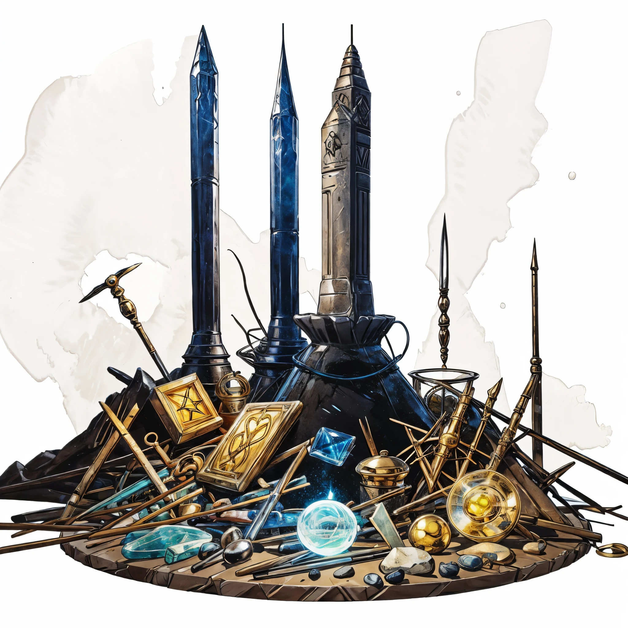 a pile of artifacts, group of magical items, MagicItem_v1, (white background), fullshot