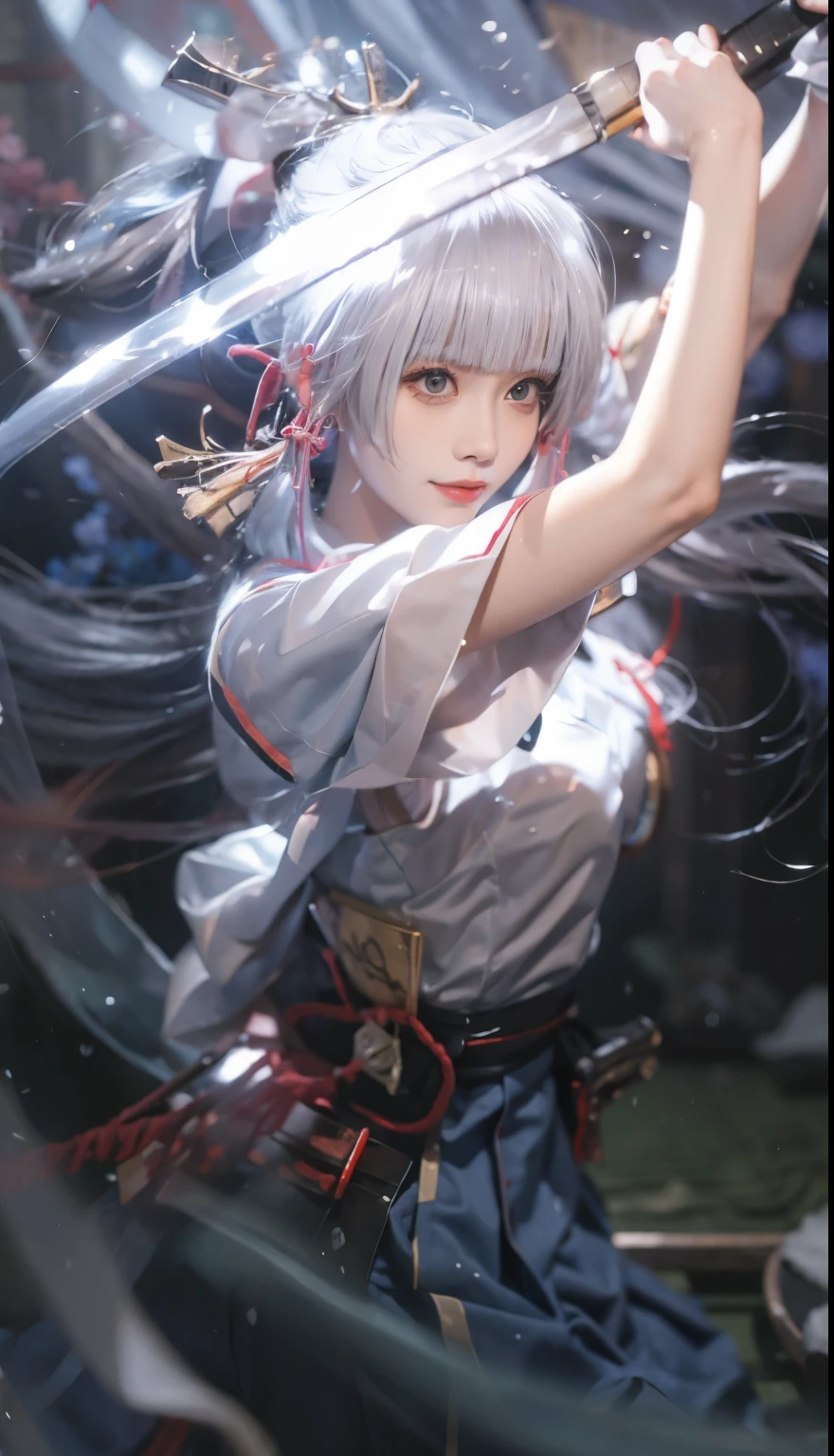 sword, arms, Keep sword, Japanese clothes, Samurai sword, 1 Girl, Long hair, Solitary, Keep arms, Keep, Silver Hair, Fuzzy, white kimono, Flash, breast, very Long hair, Looking at the audience, sheath, Water Drop, Shrine maiden, Short sleeve, Shut up, Depth of Field, Bangs, kimono, Fuzzy foreground, Fuzzy background, Smile, unsheathed, bubble, likewise, Wide sleeves