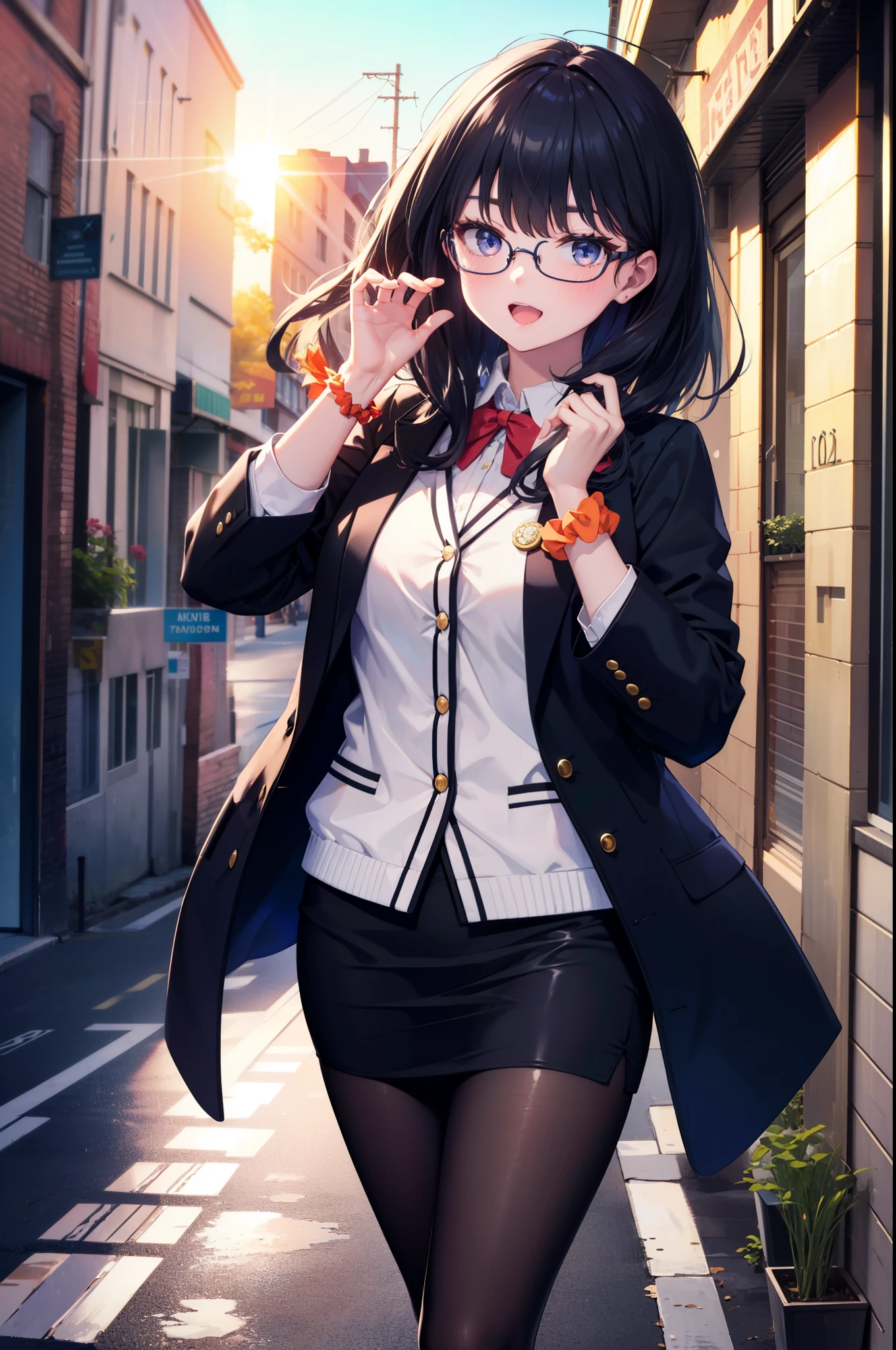 Rikka body, rikka takarada, Black Hair, blue eyes, Long Hair, happy smile, smile, Open your mouth,orange Scrunchie, Scrunchie, wrist Scrunchie,OL, Akagi glasses,  black suit jacket, Collared jacket, White dress shirt, Collared shirt, Neckline, button, Black pencil skirt, Black pantyhose,Stiletto heels,evening,sunset,The sun is setting,walking,So that the whole body goes into the illustration,
break outdoors,In town,Building district,シティストリート
break looking at viewer, (Cowboy Shot:1.5),
break (masterpiece:1.2), highest quality, High resolution, unity 8k wallpaper, (figure:0.8), (Beautiful fine details:1.6), Highly detailed face, Perfect lighting, Highly detailed CG, (Perfect hands, Perfect Anatomy),