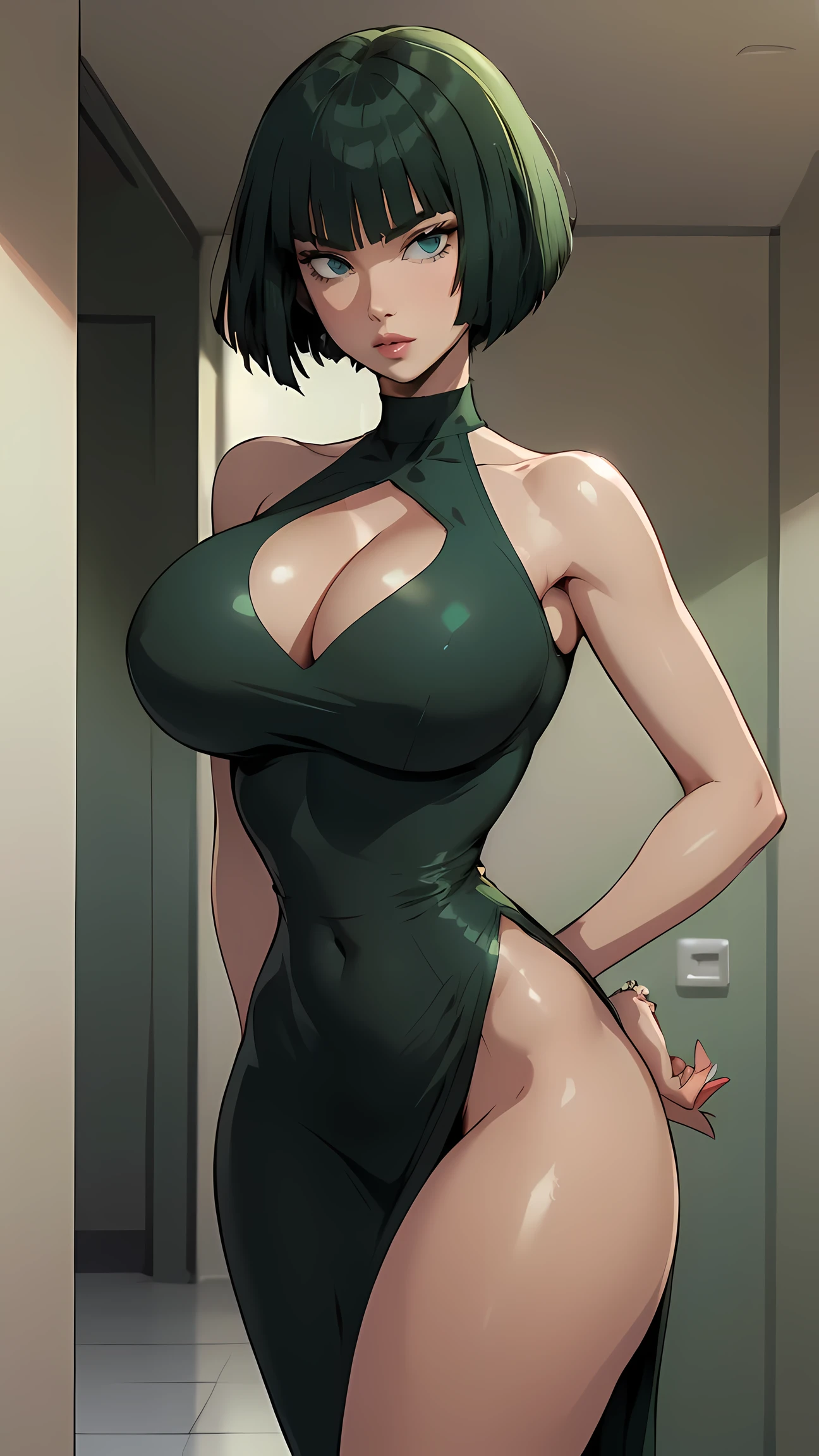 (masterpiece, best quality, perfect face, (beautiful and aesthetic:1.4), highest detailed face), (((gorgeous women, fubuki\(one punch man\)), (flawles skin:1.4), perfect fit body, , (green bob cut hair:1.3), fake breasts, (narrow waist:1.2), wide hips, (slender body:1.3)), (cleavage:1.2), ((skimpy tight dark green dress side cut out)), long detailed eyelashes, curvy body type, looking at the viewer, standing pose, detailed background, (room), (solo:1.4), (elegant, intricate, digital photography, high quality, 4k, extremely detailed, sharp, HDR),