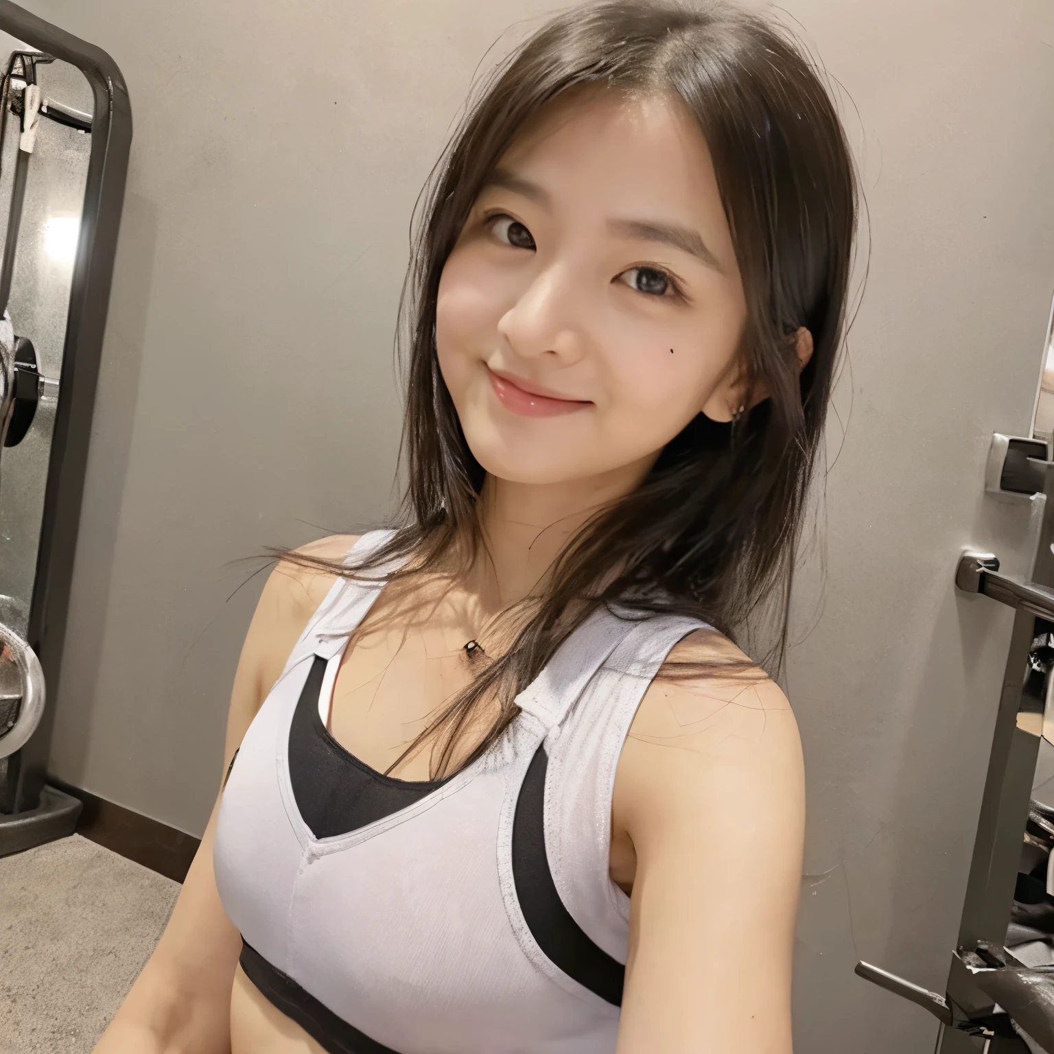 Highest quality、1 person、Perfect Face、Selfie、(flat chest:1.7)、Upper Body、sports gym、Training wear、Amateur sense、selfie、Reality、Narrow eyes、Small eyes、slender