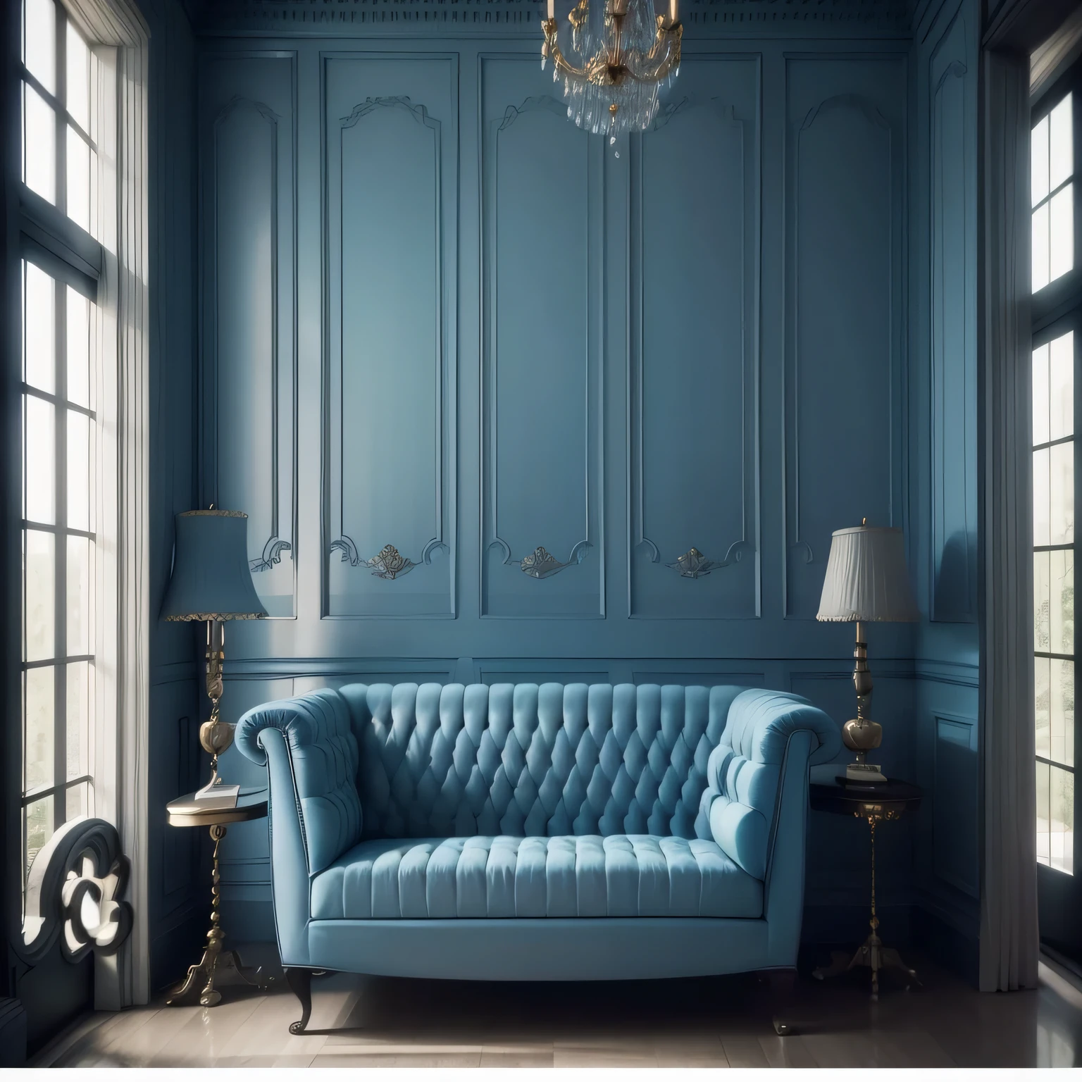 a close up of a blue couch in a room with a chandelier, neo - classical style, smooth panelling, blue walls, neoclassical style, neoclassicism style, dark teal couch, blue colour scheme, velvet couch, luxury furniture, paneled walls, ornate and elegant, classicism style, classical style, elegant and ornate, directoire style, monochromatic blue