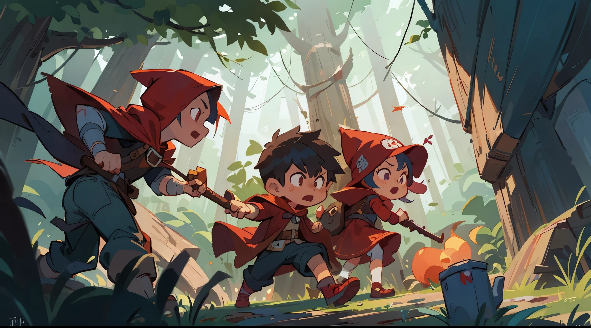 Cartoon illustration of a boy and a girl holding torches in a dark room, thief little red riding hood, combat chaser, Scottie Young, Inspired by Johannes Helgesson, Key Art, red hood, fable, Dusk Ruins Explorer, Adventure Island, Medium shot of two characters, 2D game fanart, Maple Valley