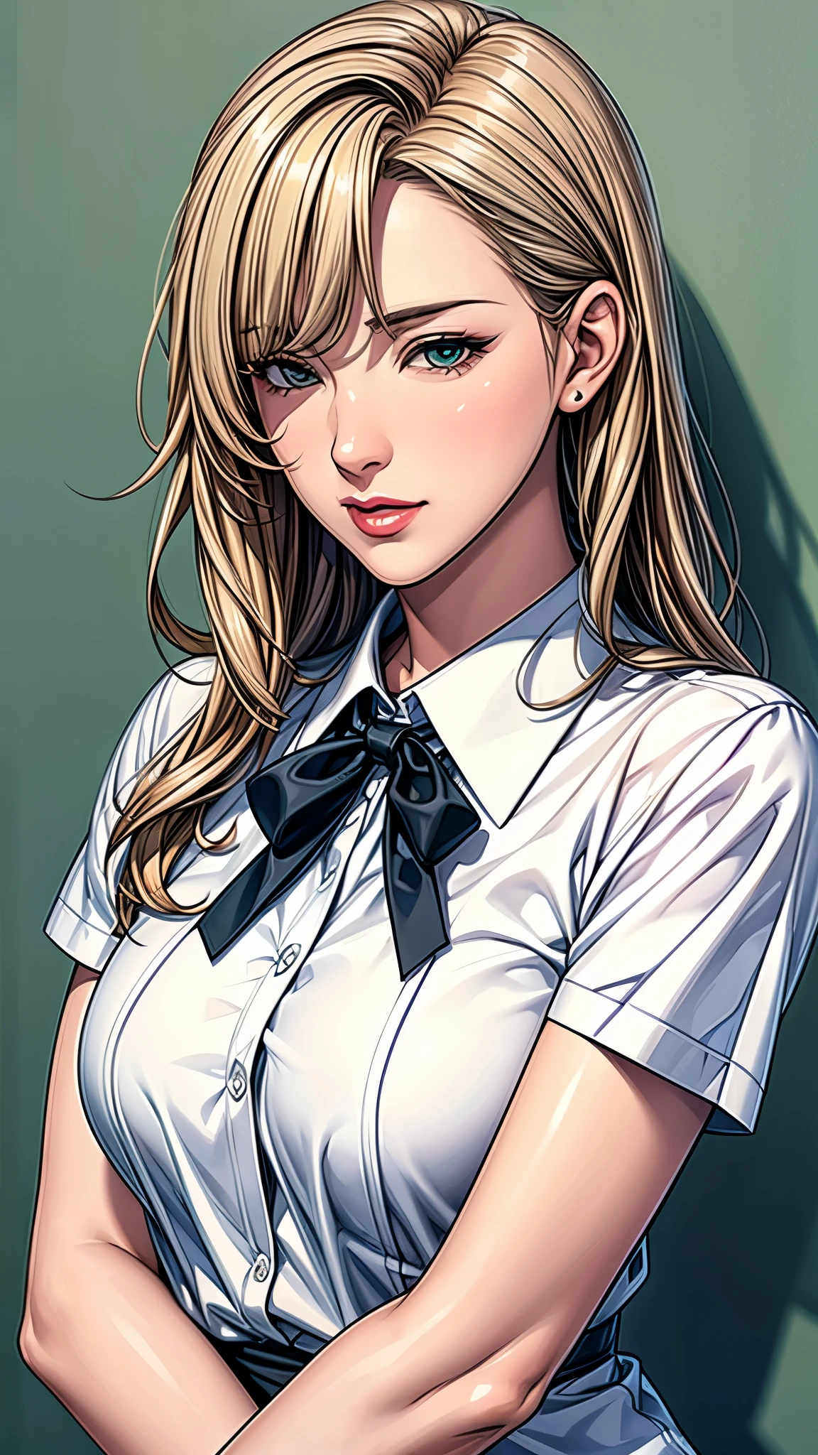 (best quality, high resolution), portrait, Upper Body, Cool adult woman, Side Bangs, Long straight blonde hair, Green eyes, Collared shirt, nude shirt, Large Breasts, Plain Wall, Super detailed CG, Detailed face, Delicate eyes, Detailed clothes, Super high quality skin, High quality hair, fine hair
 