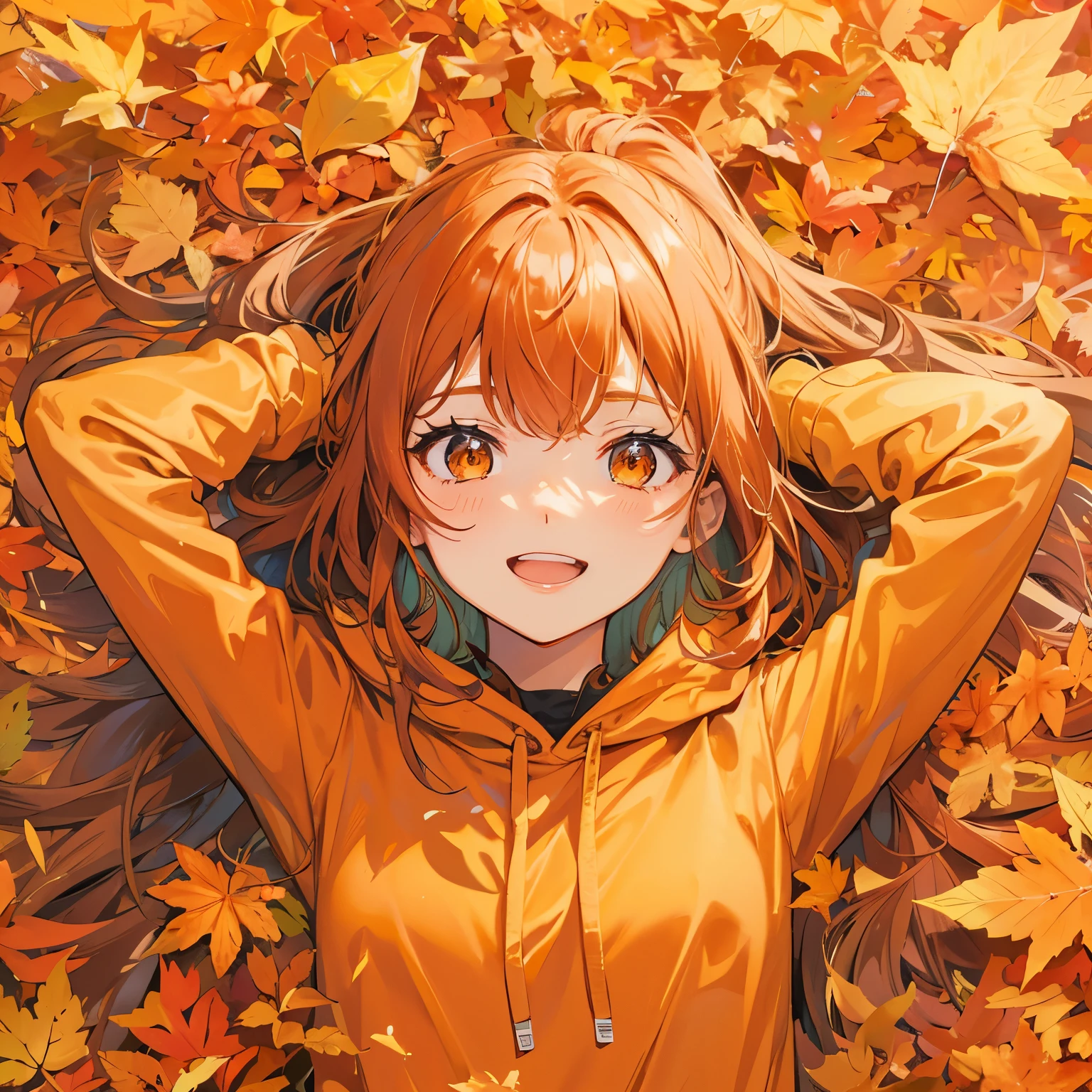 A woman lying on a large amount of fallen orange leaves, a young face, beautiful orange eyes, a happy smile, long orange hair, a view looking down from above, wearing an orange hoodie, hands on her head with fallen leaves on his clothes and head.