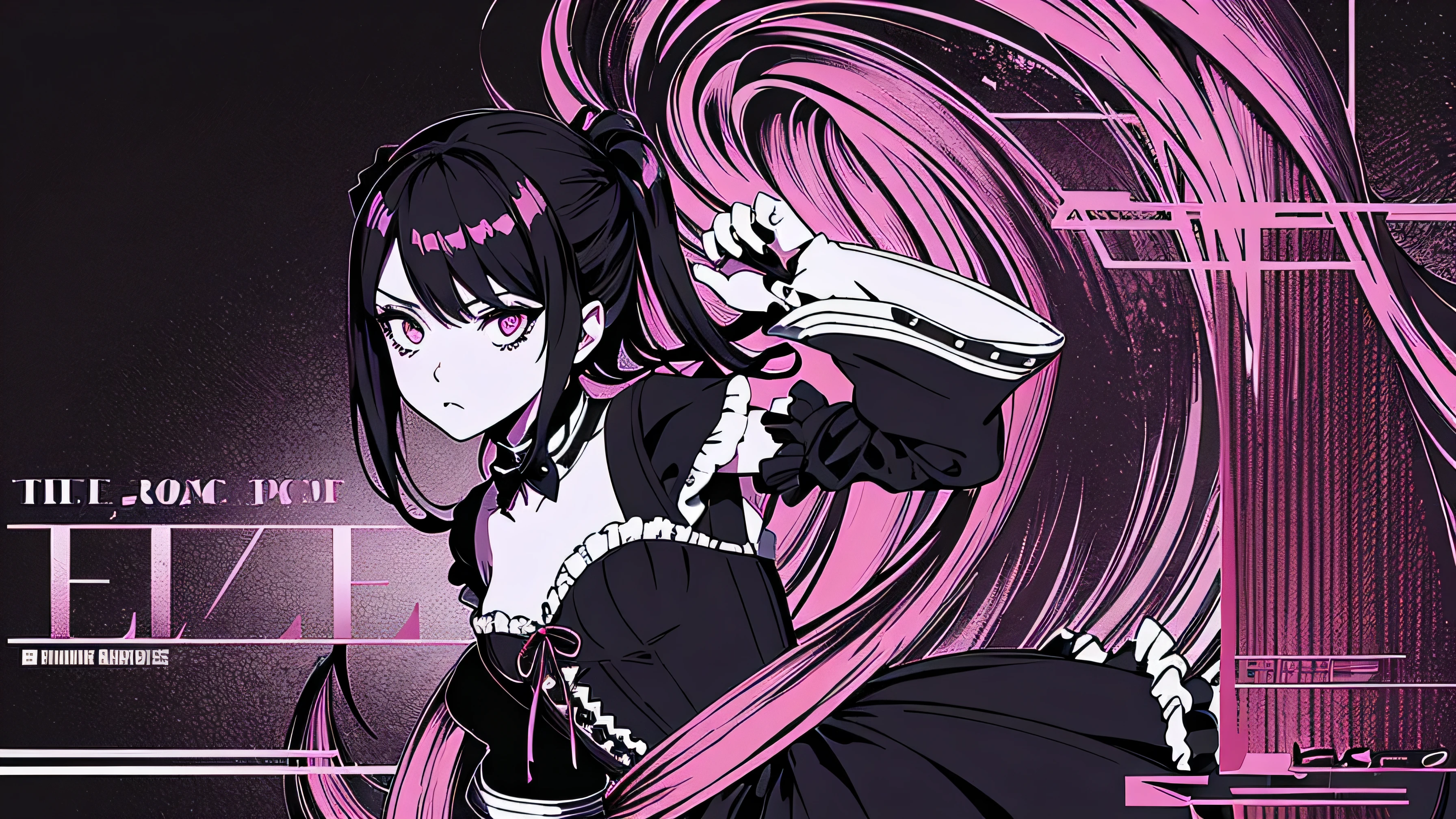 Beautiful hardcore illustration homepage illustration style, dark, High resolution, hard touch illustration, strong outline, 1 girl, gothic & lolita style, gothic & lolita fashion, 8K, colorful background, Zero Two, Aggressive, beautiful face, cool beauty, dress, beauty style, pink color, rock, Fight, hard illustration, black hair listen,